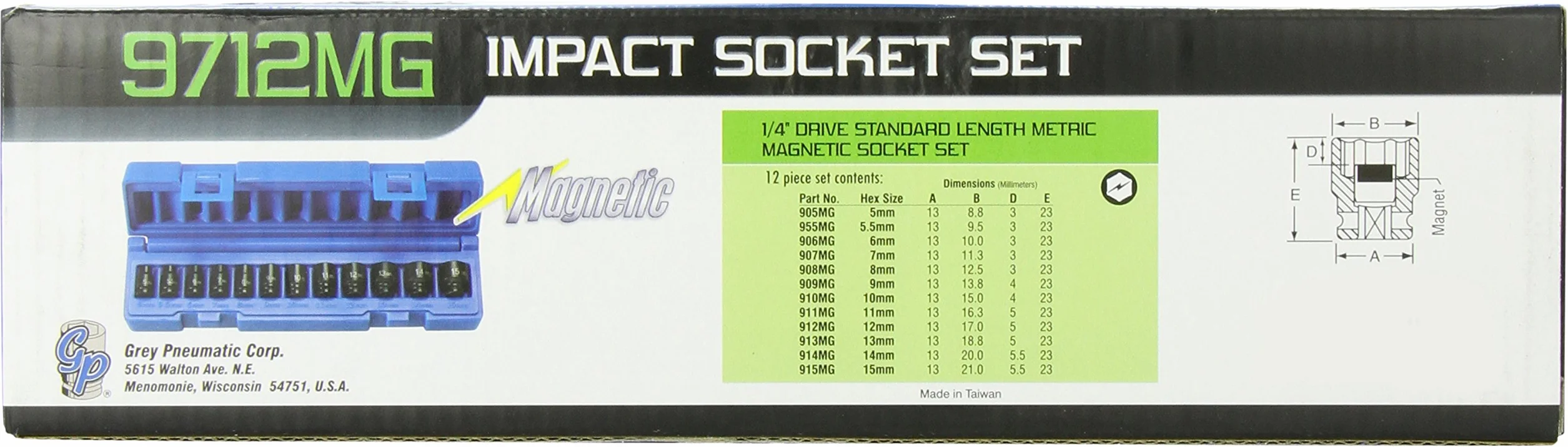 Grey Pneumatic (9712MG) 1/10.2 cm Napęd 12-częściowy metryczny magnetyczny zestaw nasadek udarowych