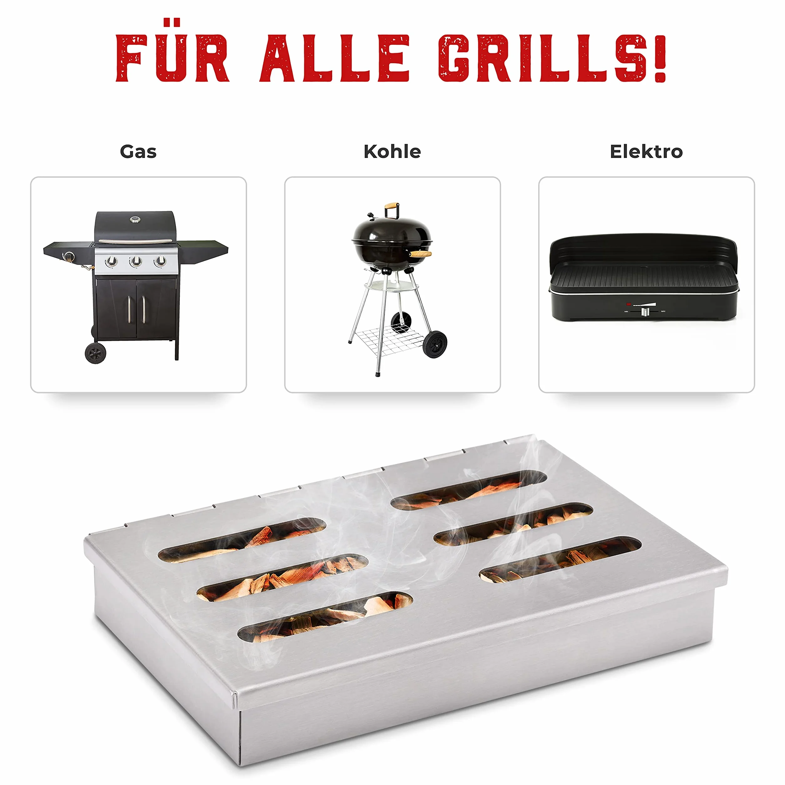 Räucherphorie® Räucherbox - Premium skrzynka wędzarnicza ze stali nierdzewnej + E-Book - Wędzarnia BBQ w wersji premium do grilla gazowego, elektrycznego lub na węgiel drzewny (RB1)