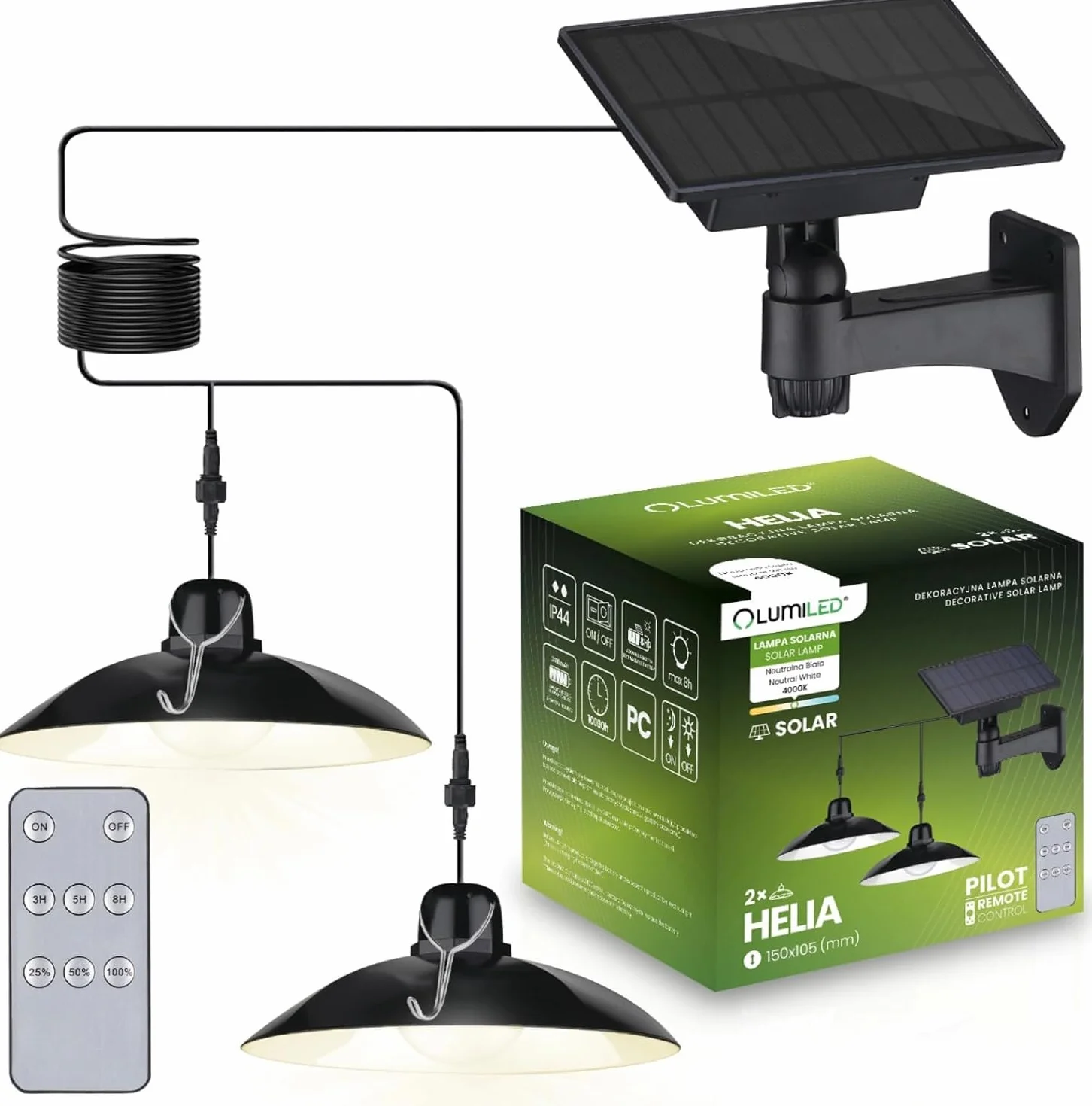Lumiled 2x lampa wisząca solarna, lampa wisząca na zewnątrz IP44 2400mAh żyrandol do ogrodu taras balkon altana neutralna biel 4000K