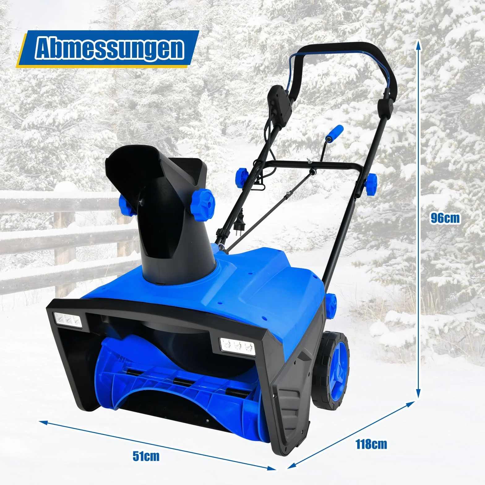 COSTWAY Elektryczna odśnieżarka 2300 W z diodami LED i silnikiem 15 A, szerokość robocza 50 cm, wysokość robocza 25 cm, przewodowa maszyna do odśnieżania ze zjeżdżalnią obracaną o 180° i zasięgiem
