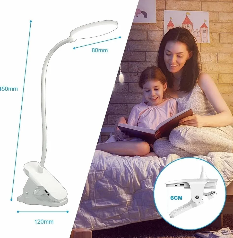 Lampa zaciskowa do łóżka, 360°, elastyczna lampka do czytania, zacisk 3 poziomy jasności, 3 temperatury barwowe, ściemniana lampa na łóżko ze sterowaniem dotykowym, ładowanie baterii przez USB, ochrona oczu, 20 diod LED, lampa zaciskowa na łóżko, lampa bi