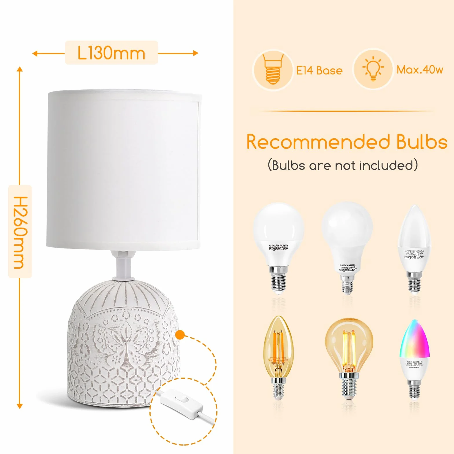 Aigostar - Lampki nocne, Lampa stołowa ceramiczna E14, Biały klosz z tkaniny, Lampki nocne w stylu vintage do sypialni, salonu, pokoju gościnnego, Dł. 13 x Wys. 26 cm