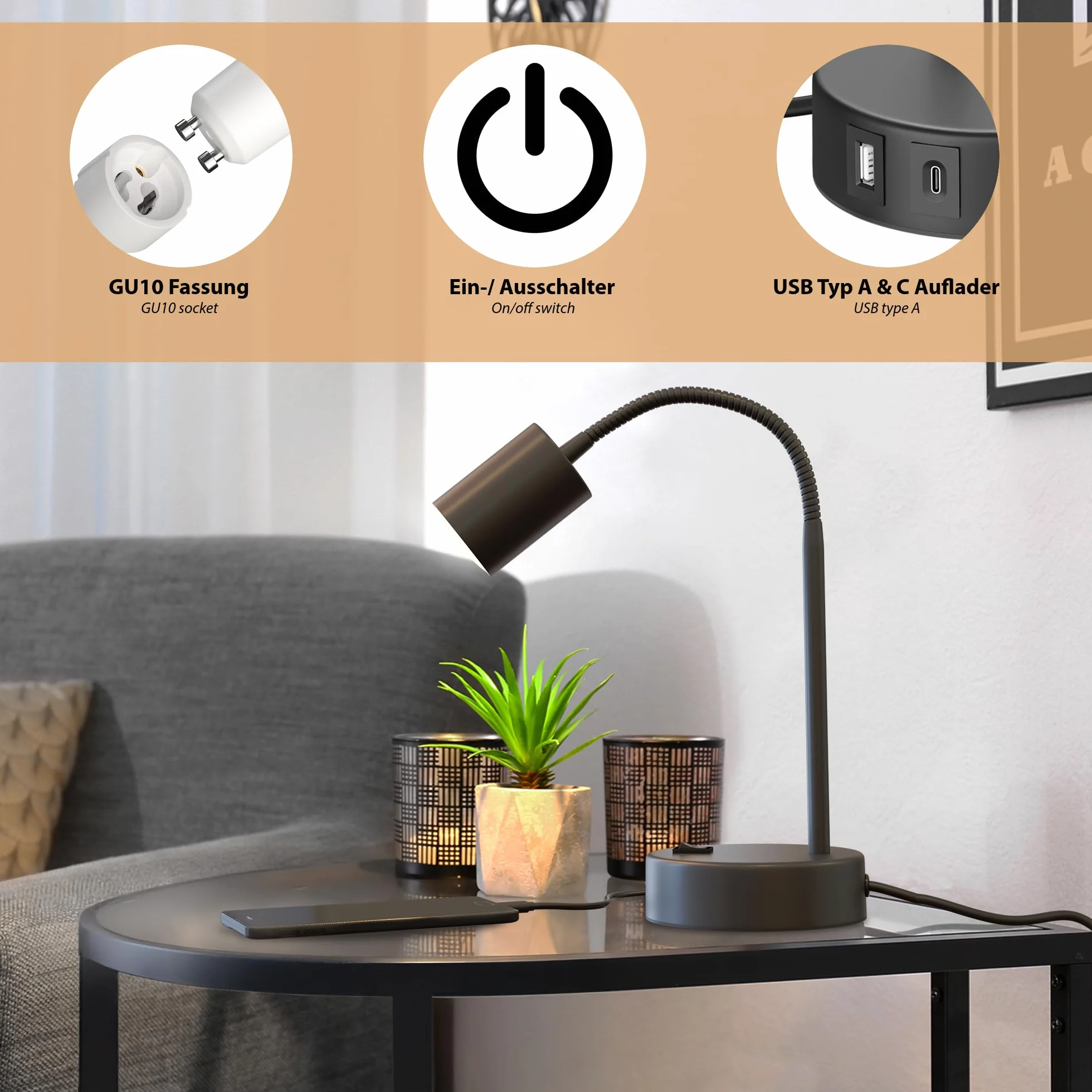 ledscom.de 2x lampa stołowa WAIKA, giętka szyjka, przełącznik, okrągła, czarna, USB-A, USB-C, 1x GU10 maks. 15 W