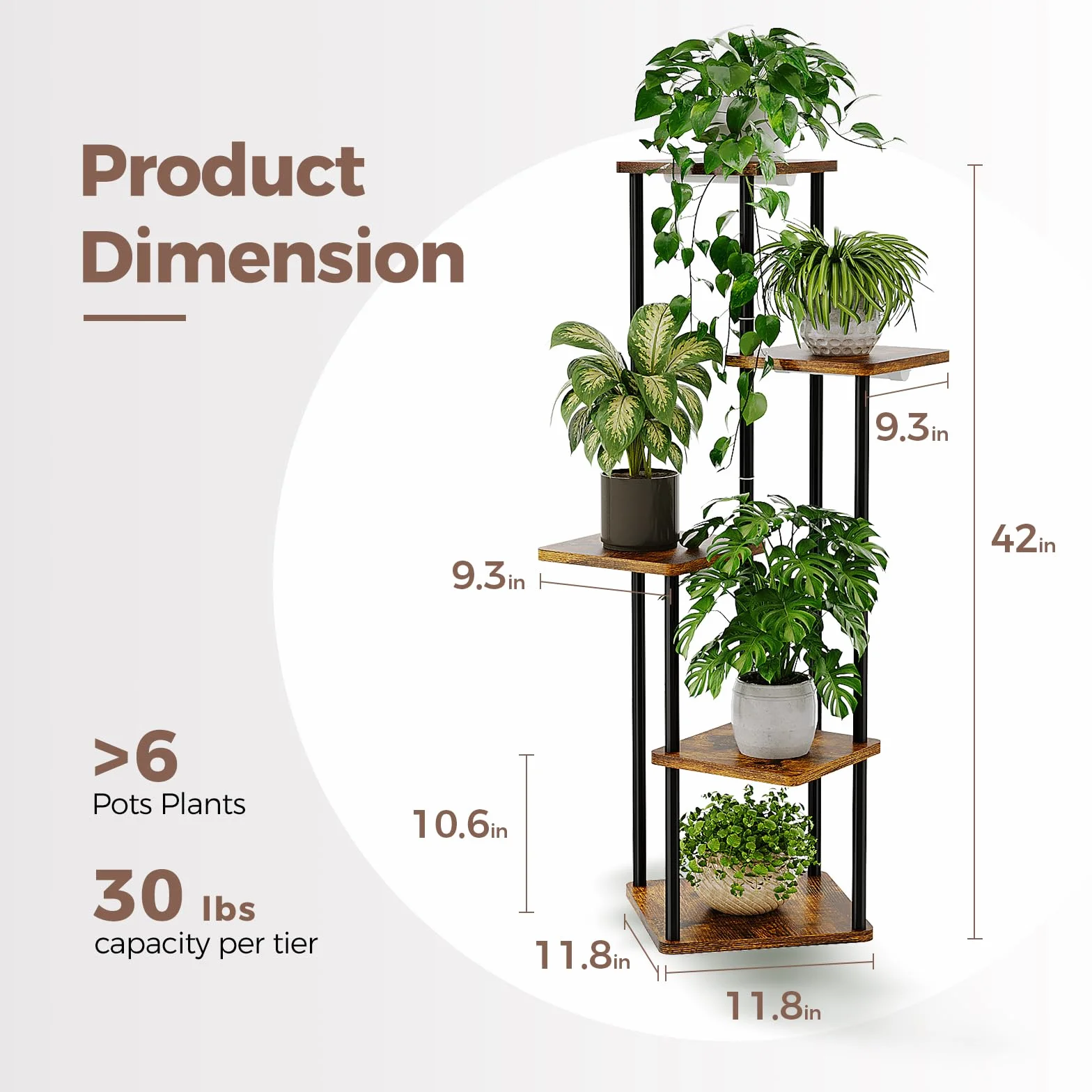 Bamworld Wysoki stojak na rośliny z lampą do doświetlania, narożny, do roślin domowych, 5-poziomowy – metalowo-drewniana półka z oświetleniem, idealna do salonu, sypialni, patio, ogrodu lub na balkon