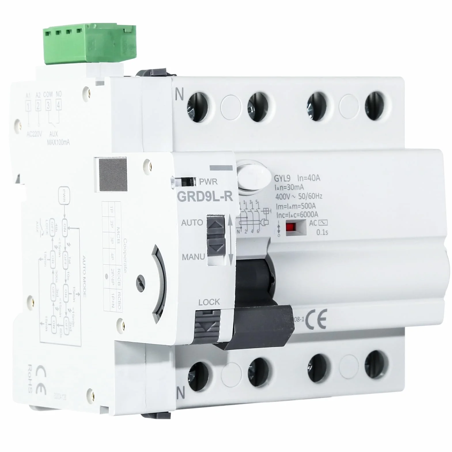 Automatyczne urządzenie do ponownego włączania GRD9L-R RCCB 4P 40A 30mA gospodarstwo domowe Smart Breaker AC wyłącznik wyłącznik