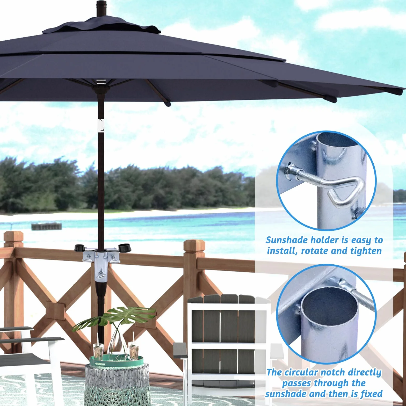 Uchwyt na parasol, poręcz balkonowa, uchwyt na parasol, odpowiedni dla maksymalnej szerokości 5 cm, uchwyt na parasol, wytrzymały uchwyt na parasol balkonowy z regulowanym zaciskiem, do ogrodu
