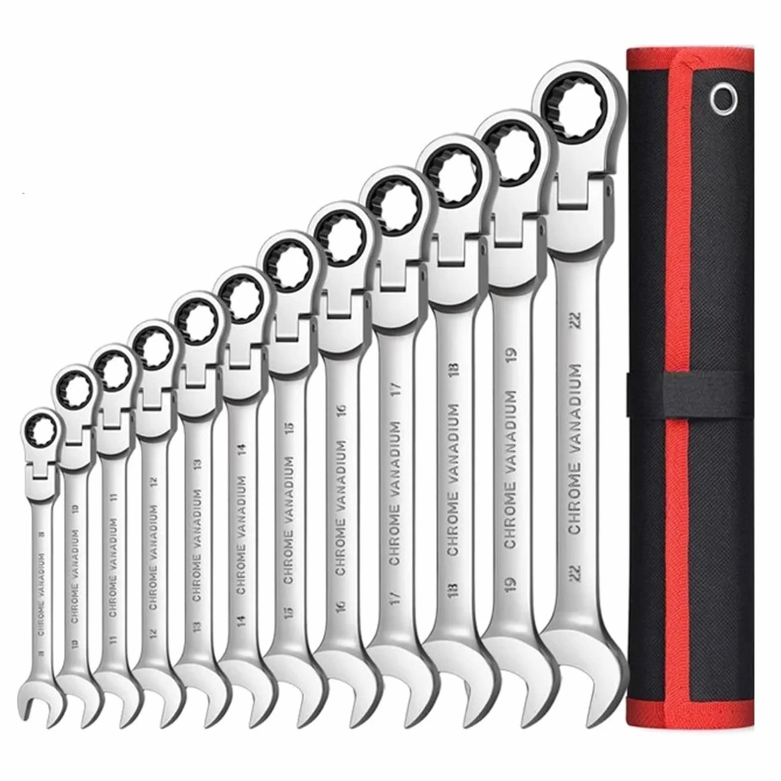 Zestaw 12 Kluczy Grzechotkowych Flex-Head, Metryczne Klucze Płasko-oczkowe Z Grzechotką, CR-V Gear Spanner Torbą Organizacyjną Precyzja W Ciasnych Przestrzeniach(12pcs(8-22mm))