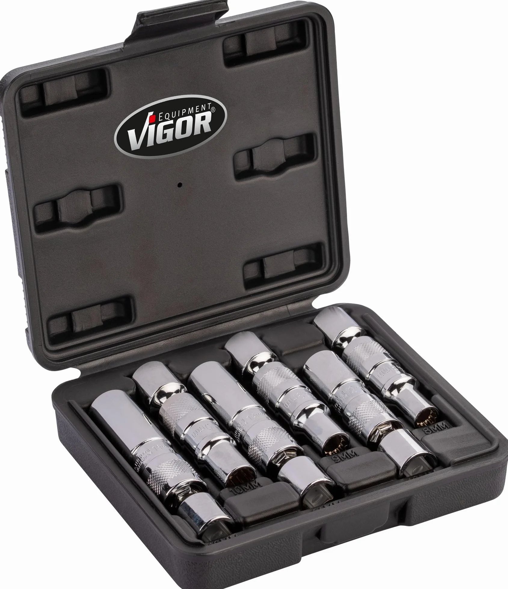 VIGOR V7016/6 Zestaw do Wyciągania Świec Żarowych, 6-Częściowy, Kwadrat 3/8 Cala, 8,9,10,12,14,16 mm, Podwójny Sześciokąt Zewnętrzny, Uchwyt Magnetyczny, Przegubowy Klucz Nasadowy do Ciasnych Miejsc