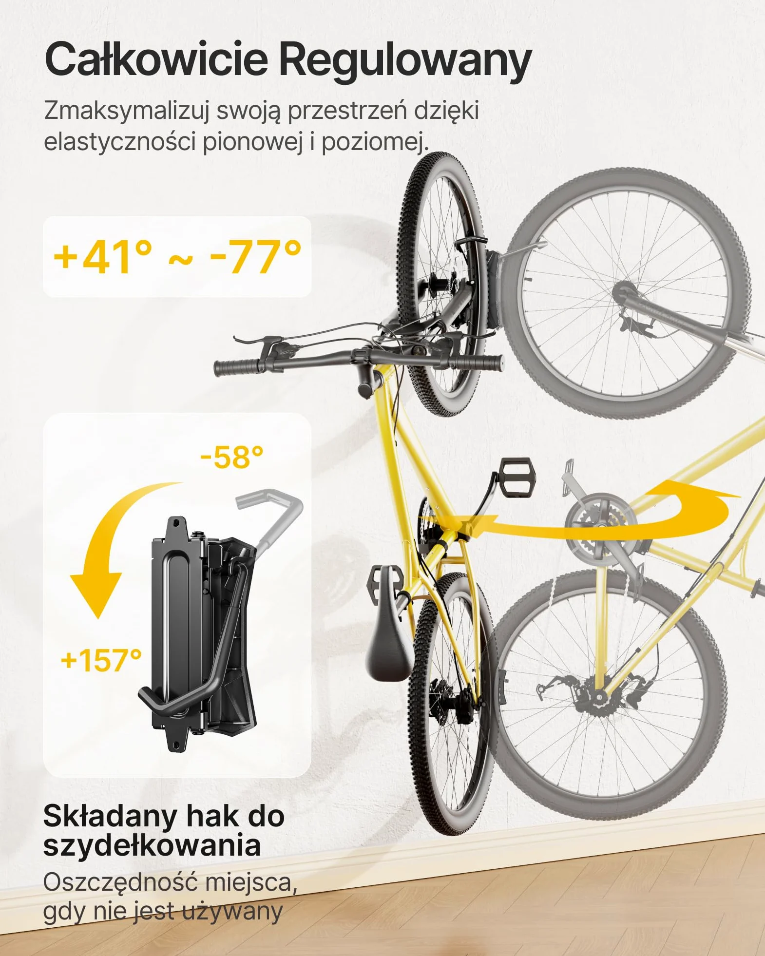 monTEK Obrotowy uchwyt ścienny do roweru, hak rowerowy, stalowy uchwyt rowerowy, ścienny, zestaw 3 szt