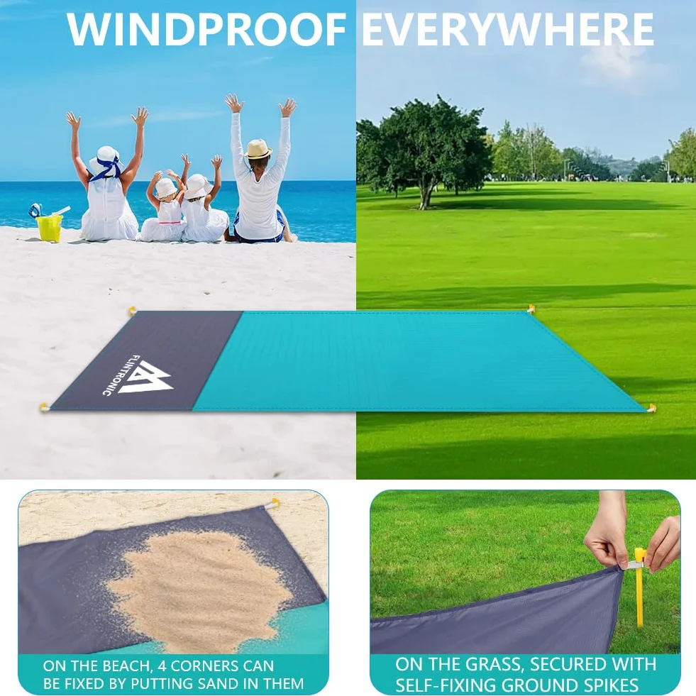 flintronic Koc plażowy odporny na piasek 210x200 cm wodoodporny duży dla 4-6 dorosłych