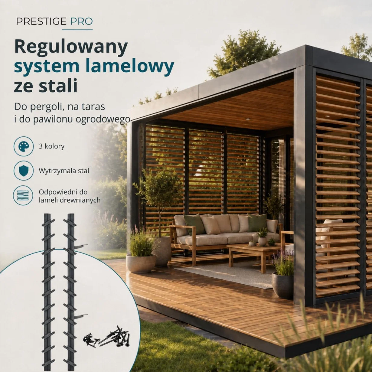 Prestige Ostaszewska system ruchomych deseczek do ogrodu na 11 lameli | 100 cm | Brązowy | Zestaw do żaluzji i rolet | System rolet tarasowych, ruchome panele, stal ocynkowana