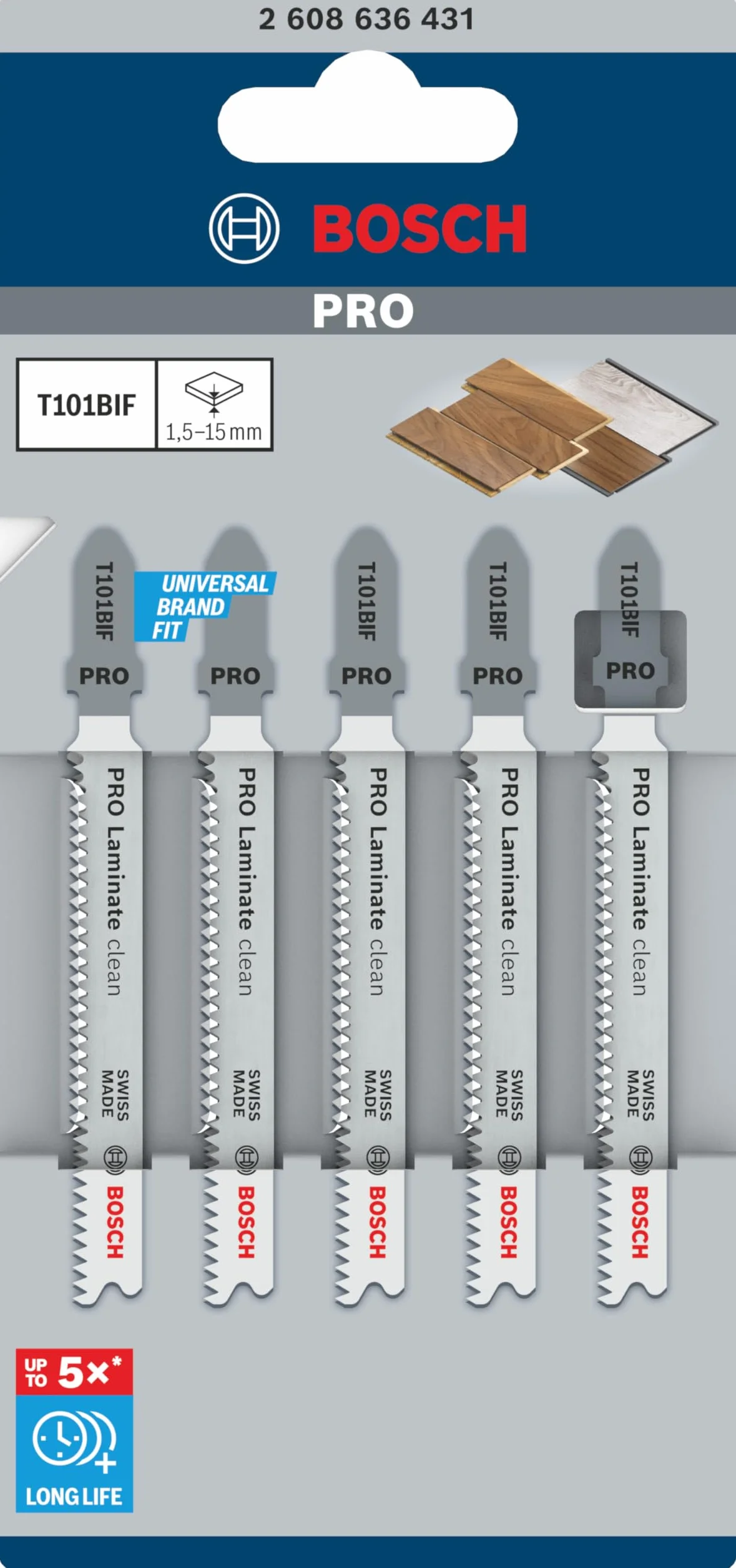 Bosch 5x Brzeszczot do wyrzynarki PRO Laminate clean T101BIF (do Parkiet, Solidny laminat winylowy, PCW, Długość 83 mm, Professional Akcesoria Wyrzynarka)