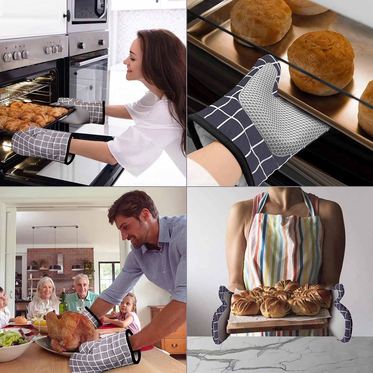 Rękawice kuchenne odporne na wysokie temperatury, rękawice kuchenne z silikonem i bawełnianą podszewką, antypoślizgowe wzornictwo, kwadratowe rękawice do pieczenia, grillowania