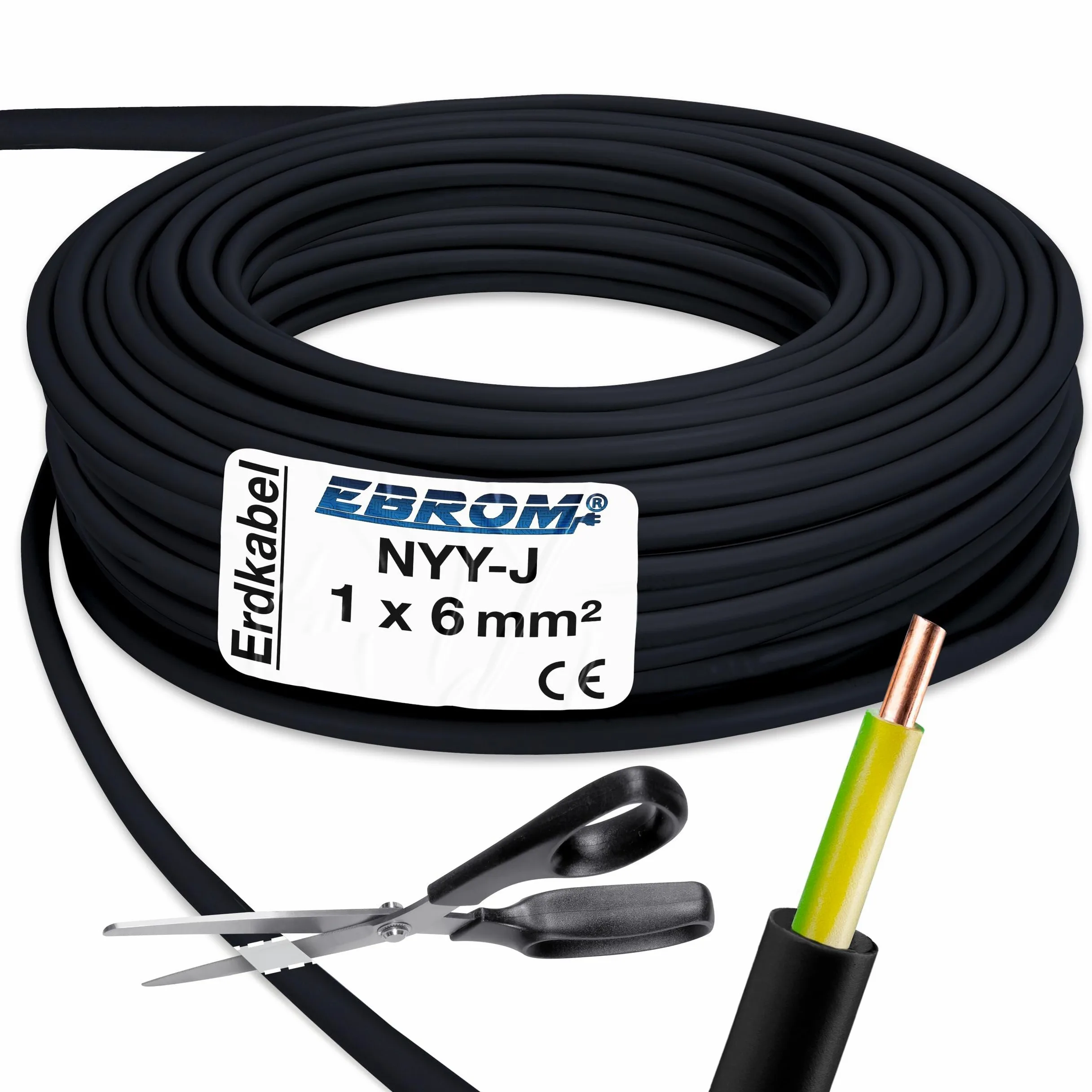 EBROM Kabel uziemiający - kabel ziemny - NYY-J 1x6 mm² - czarny - duży wybór ilości - od 5 m do wyboru - dostarczany w jednej długości - Twoja długość: 20 metrów