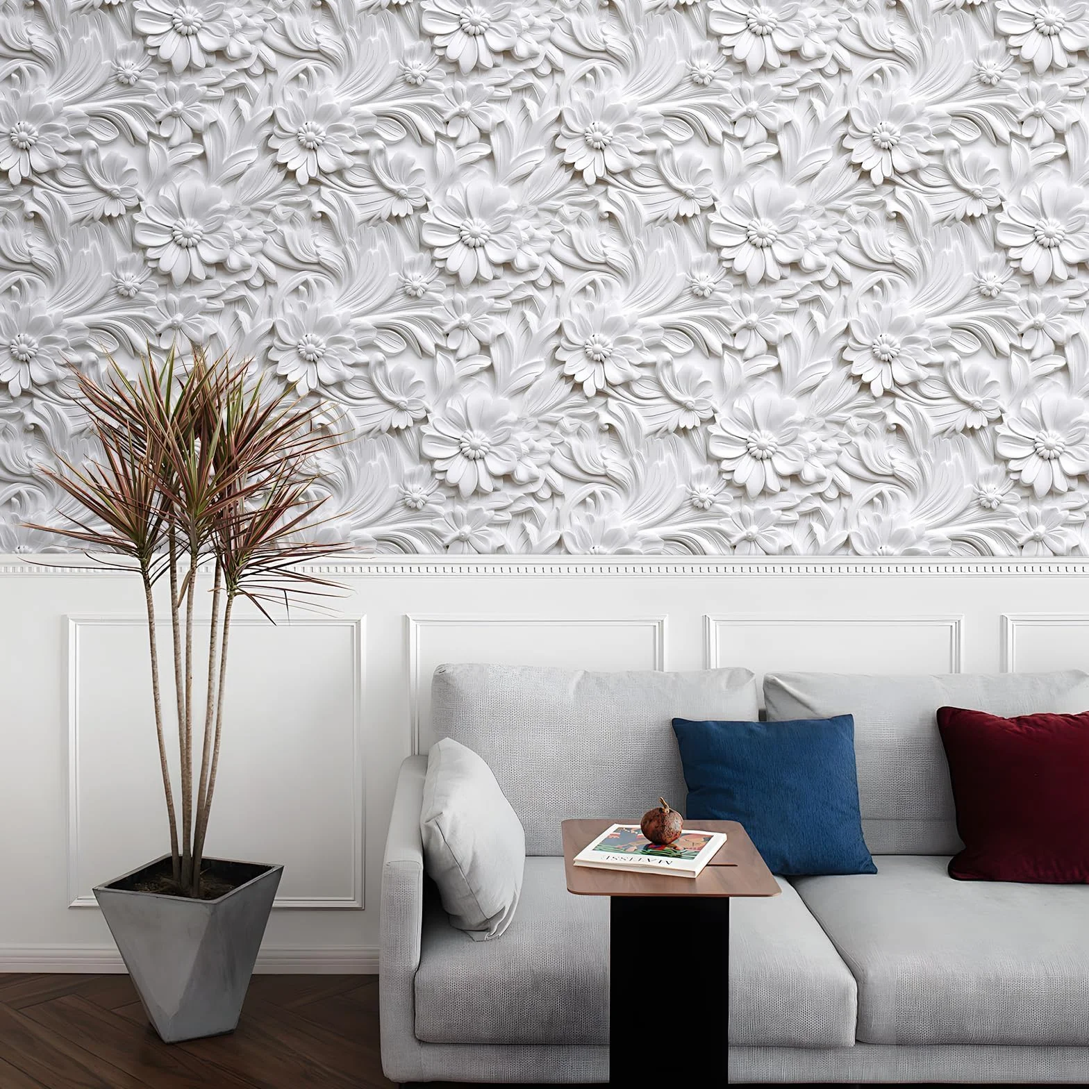 LaCheery Biała samoprzylepna tapeta kwiatowa, efekt 3D, tapeta ścienna, kwiaty, do salonu, 44,5 cm x 700 cm, tapeta z białym wzorem, winylowa, folia samoprzylepna do mebli, kwiatowa tapeta ścienna