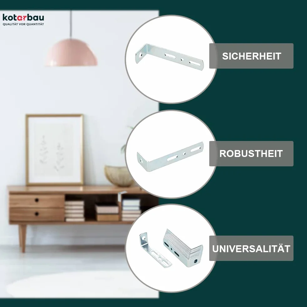 KOTARBAU Mocowanie ścienne 75 x 25 x 15 mm stal zabezpieczenie przed przewróceniem kątownik konstrukcyjny mocowanie szafy łącznik meblowy ocynkowany łącznik do drewna kątownik montażowy, srebro, 75 mm