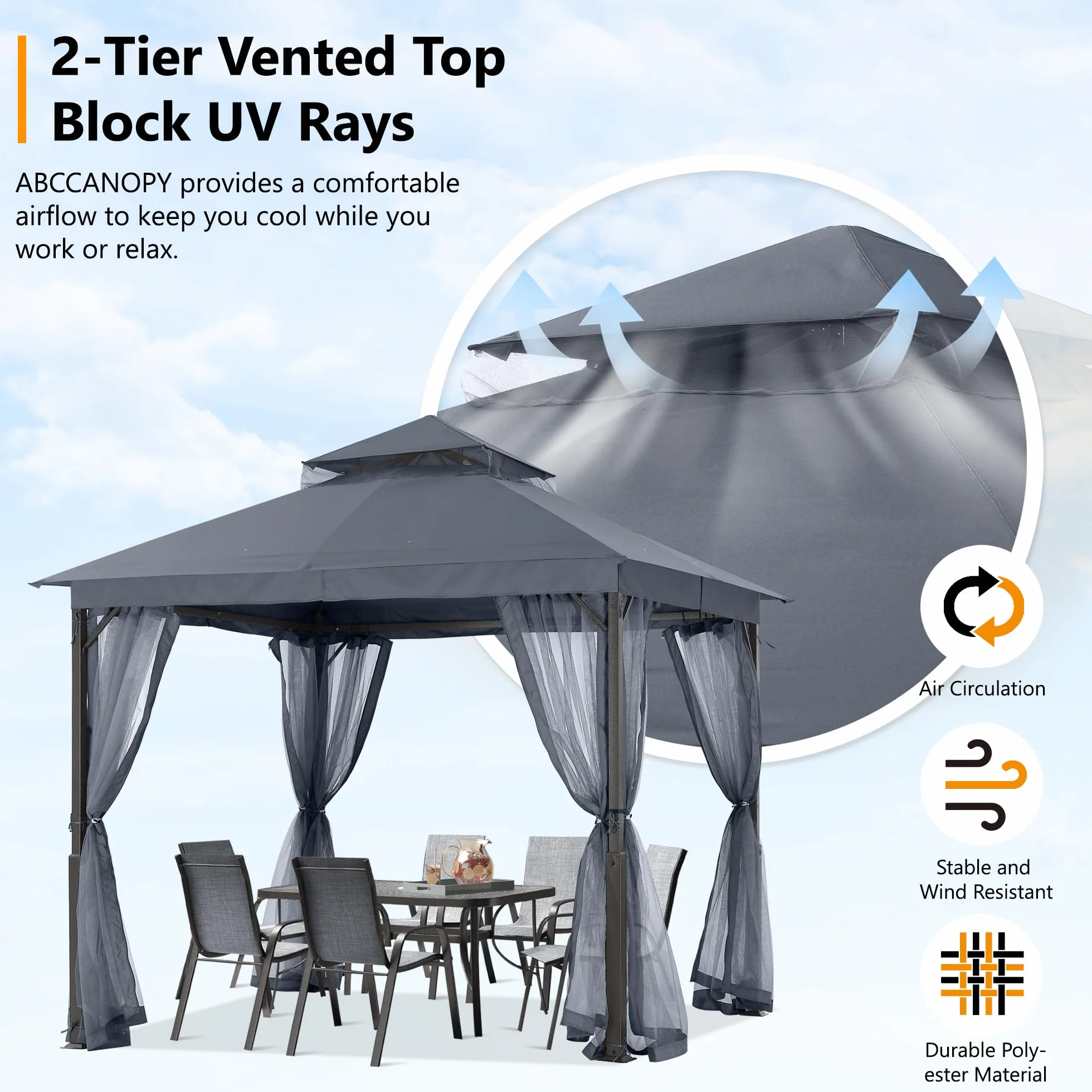 ABCCANOPY Pawilon ogrodowy 2,5 x 2,5 m z podwójnym dachem siatką cień deszcz szary