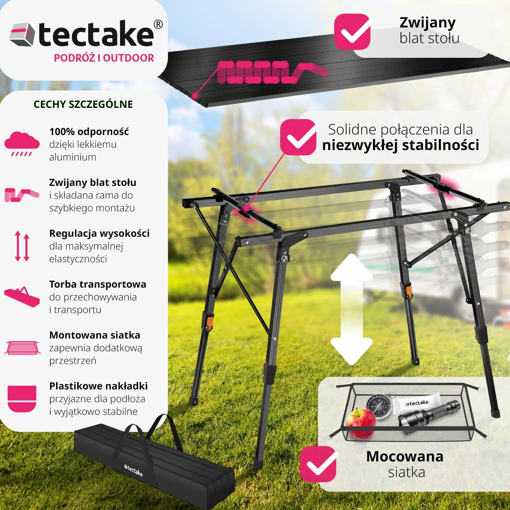 Tectake Stół Kempingowy Tina Składany Aluminiowy z Regulacją Wysokości Czarny