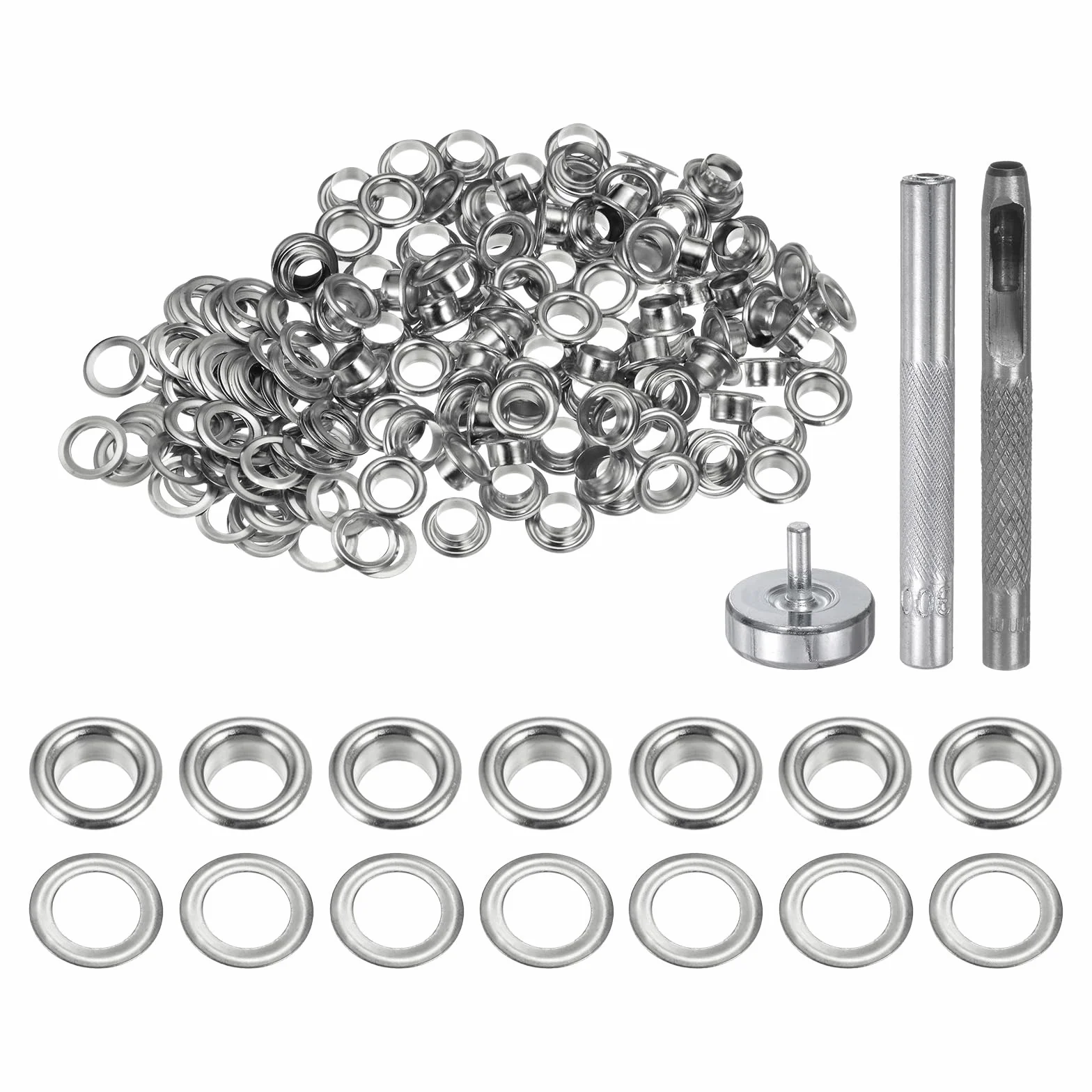 QUARKZMAN 100 sztuk zestaw narzędzi do oczka 5 mm zestaw miedzianych oczek z dziurkaczem puste otwory, narzędzia do oczka do odzieży skórzanej tkaniny, srebrny odcień