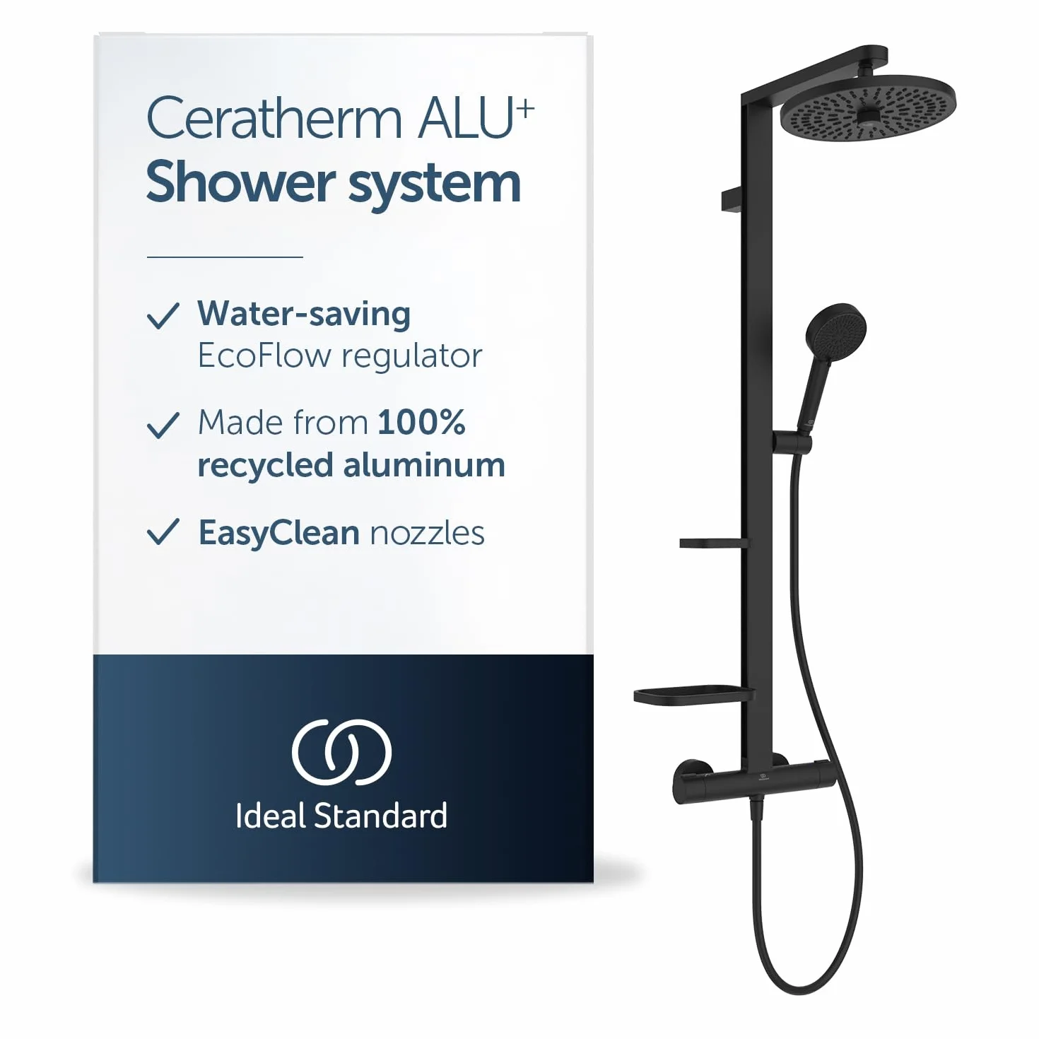 Ideal Standard - Alu+, aluminiowa termostatyczna kolumna prysznicowa, zewnętrzna bateria termostatyczna z podwójnym wylotem, czarny jedwab