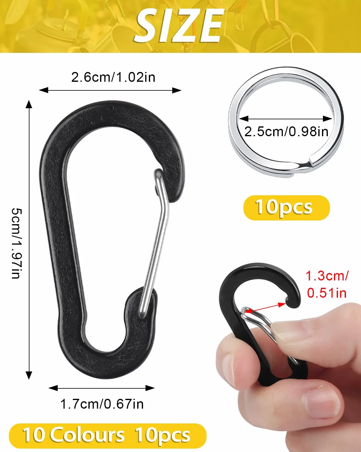 Caianwin 10 szt. karabińczyków, mały karabińczyk do kluczy, aluminiowe klipsy D-ring do torby, breloka, podróży, wędkowania, kempingu, 10 szt. (10 kolorów)