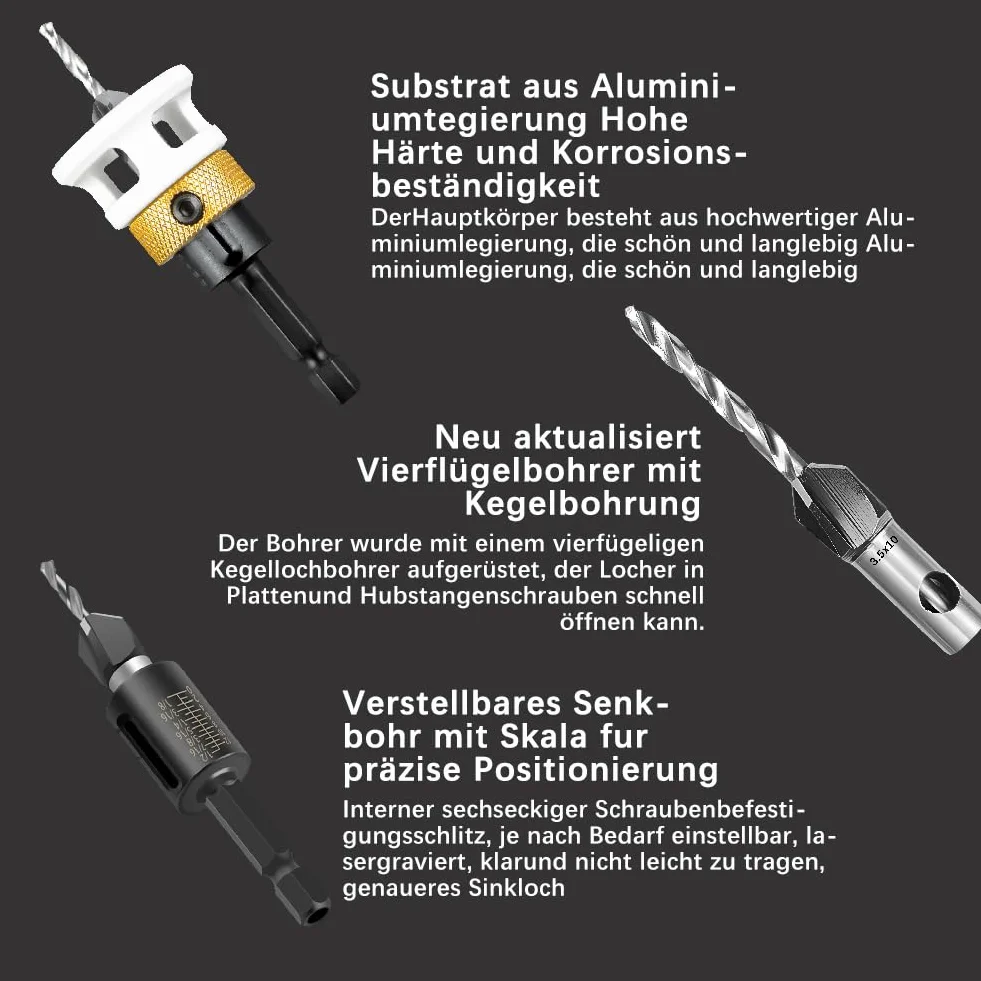 4-częściowy zestaw wierteł stożkowych, pogłębiacz wiertniczy o średnicy 8 mm, pogłębiacz z ogranicznikiem głębokości, wiertło wstępne z pogłębiaczem, precyzyjne otwory, do obróbki drewna