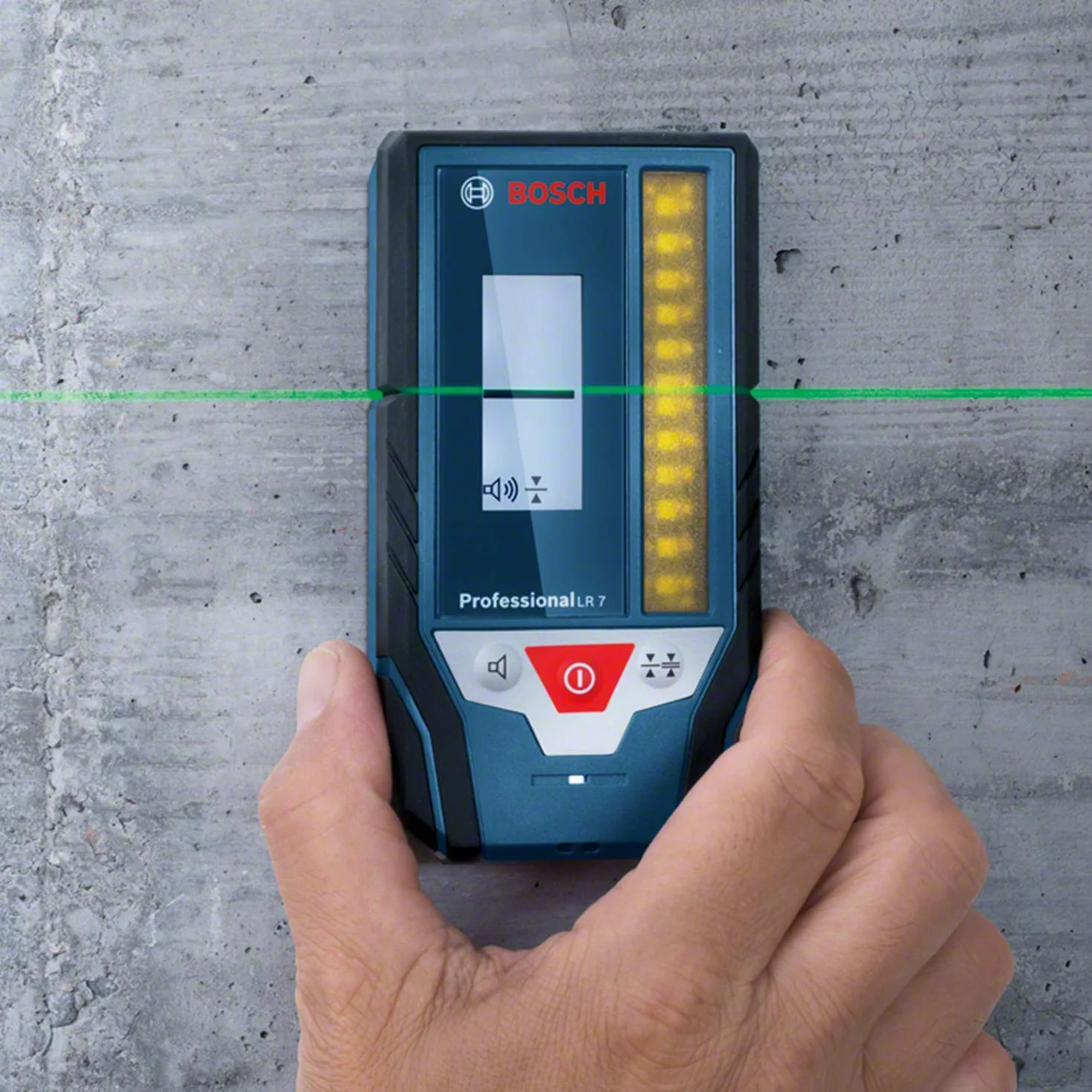 Bosch Professional Odbiornik laserowy LR 7 (czerwona i zielona wiązka, 2 baterie 1,5 V AAA, zakres pracy: 5–50 m, pokrowiec)