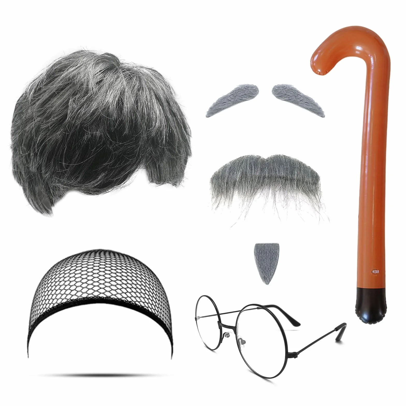 MIVAIUN Zestaw 8 fantazyjnych sukienek, dla dziadka, peruka starca, szara sztuczna broda, brwi, czapka, okulary, nadmuchiwana laska do chodzenia, męska peruka kostium na imprezę cosplay