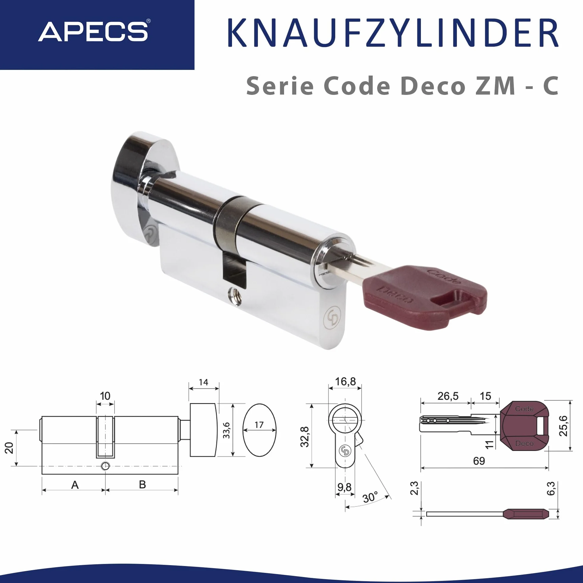 APECS Cylinder zamykający zamek bezpieczeństwa drzwi mieszkania cylinder gałki 90 (45/45C) mm z 5 kluczami model CodeDeco ZM-90(45/45C)-C chrom