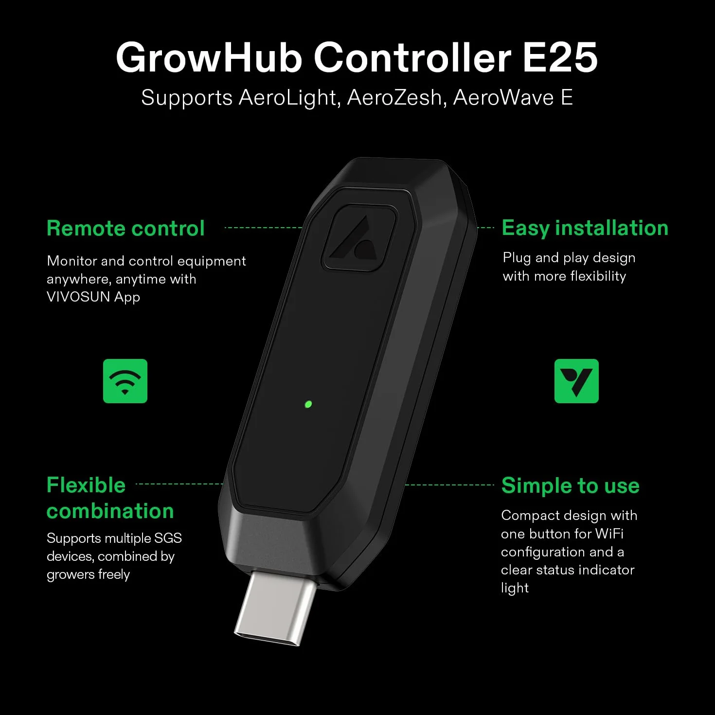 VIVOSUN GrowHub E25 Czarny Sterownik WiFi do oświetlenia i wentylacji SGS Plug and Play