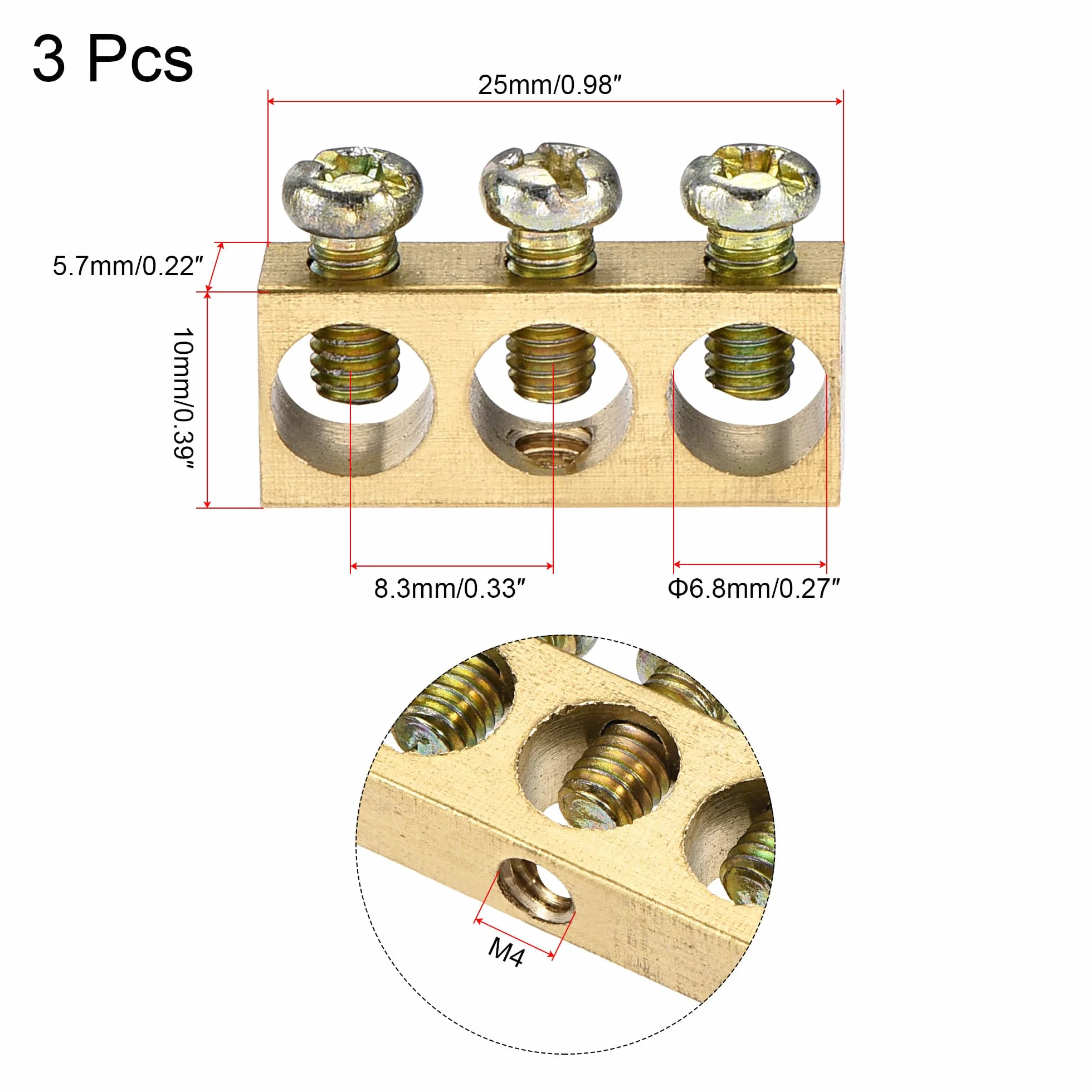 sourcing map 3 szt. zaciski szyna uziemienia blok śrubowy bariera mosiądz 3 pozycje 25 mm x 5,7 mm x 10 mm do rozdzielania elektrycznego