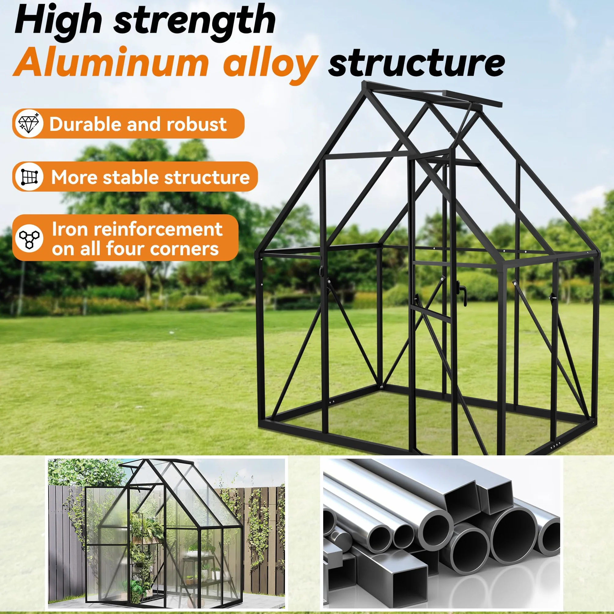 Aufun Szklarnia premium z aluminium, 2,25 m², z fundamentem 6 cm i płytą PC 4 mm, odporna na działanie promieni UV, odporna na warunki atmosferyczne, do ogrodu, 125 x 180 x 195 cm