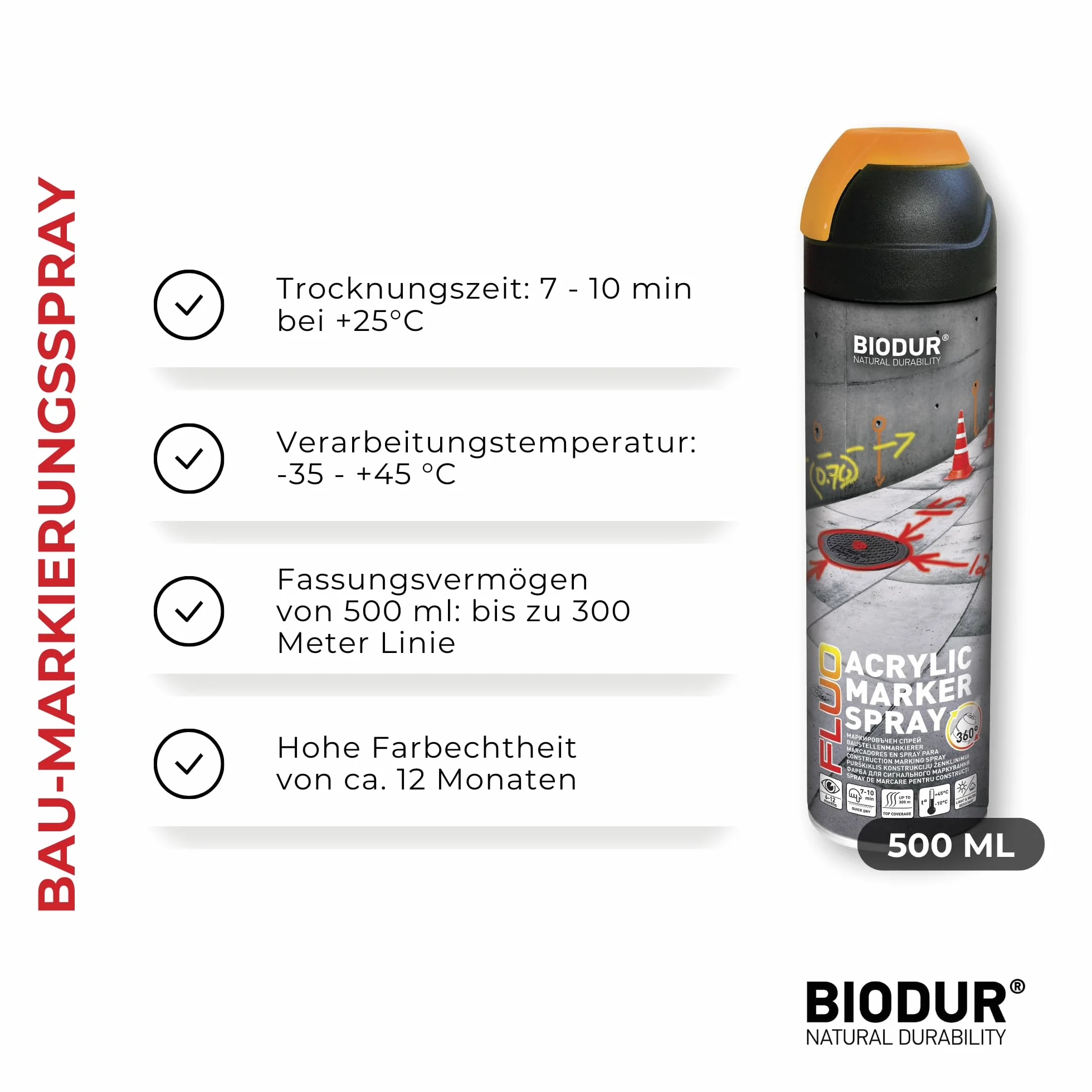 500 ml Biodur znacznik budowlany spray do znakowania farba sygnalizacyjna spray do oznakowania kolor pomarańczowy