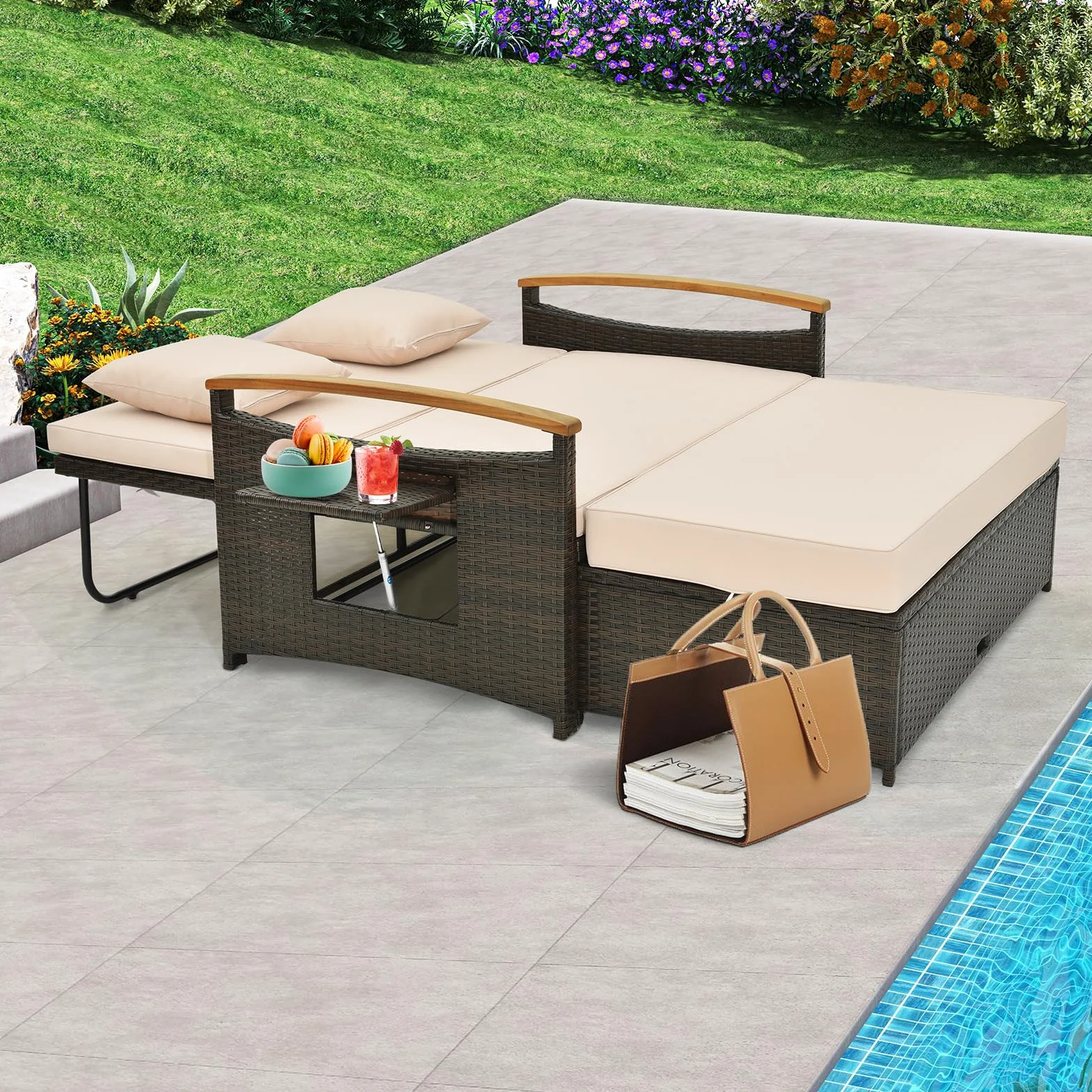 LIFEZEAL salon ogrodowy 2-osobowa sofa z regulowanym oparciem 4-pozycyjnym rattan PE obciążenie 360 kg