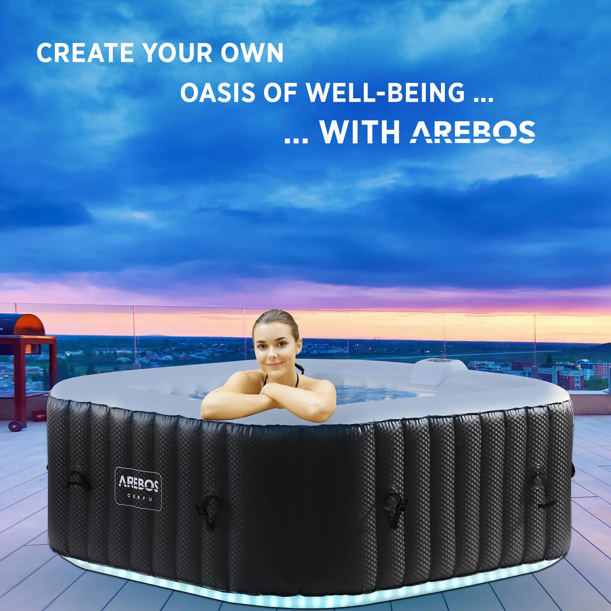 Arebos Nadmuchiwane spa z oświetleniem LED | Nadmuchiwane | do wnętrz i na zewnątrz | 154x154cm | 4 osoby | 130 dysz masujących | z ogrzewaniem | 600 litrów | z pokrywką | Spa i dobre samopoczucie