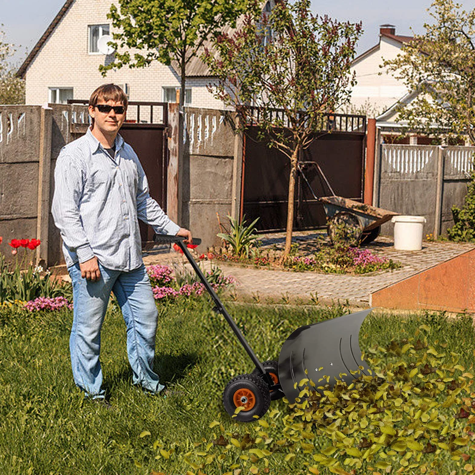 Aufun Łopata do śniegu z kółkami 75 cm metalowa odśnieżarka z regulacją wysokości