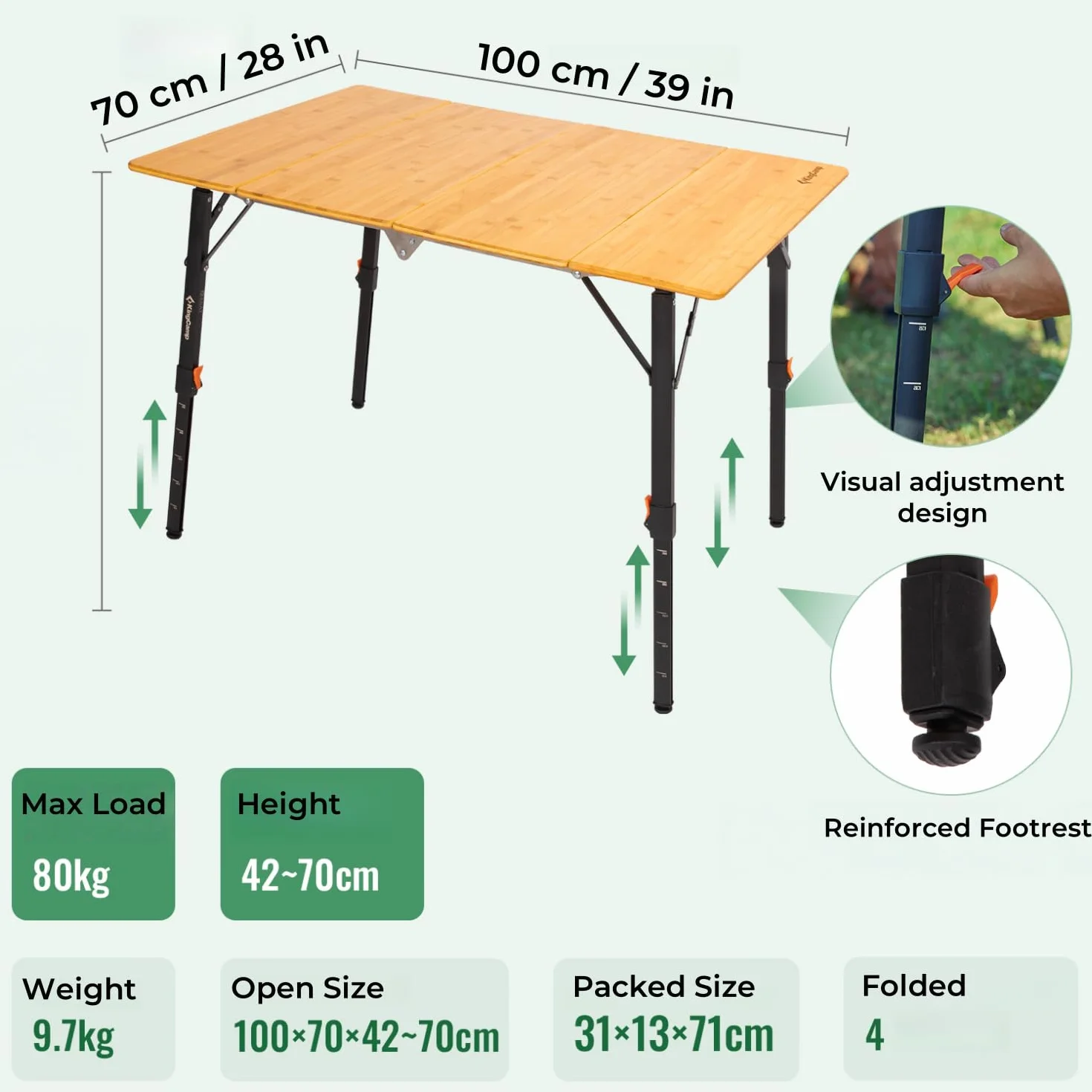 KingCamp Stół kempingowy Bumbus 100 x 70 cm, składany stół z regulacją wysokości 42 ~ 70 cm, dla 2-6 osób, 4 składane, obciążenie do 80 kg