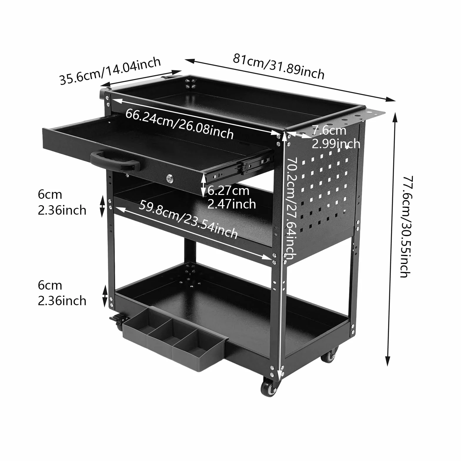 Wózek warsztatowy, 3 poziomy, wózek narzędziowy z kółkami, szufladami i 10 haczykami, nośność 250 kg, wózek warsztatowy z zamkiem, 77,6 x 81 x 35,66 cm (czarny)