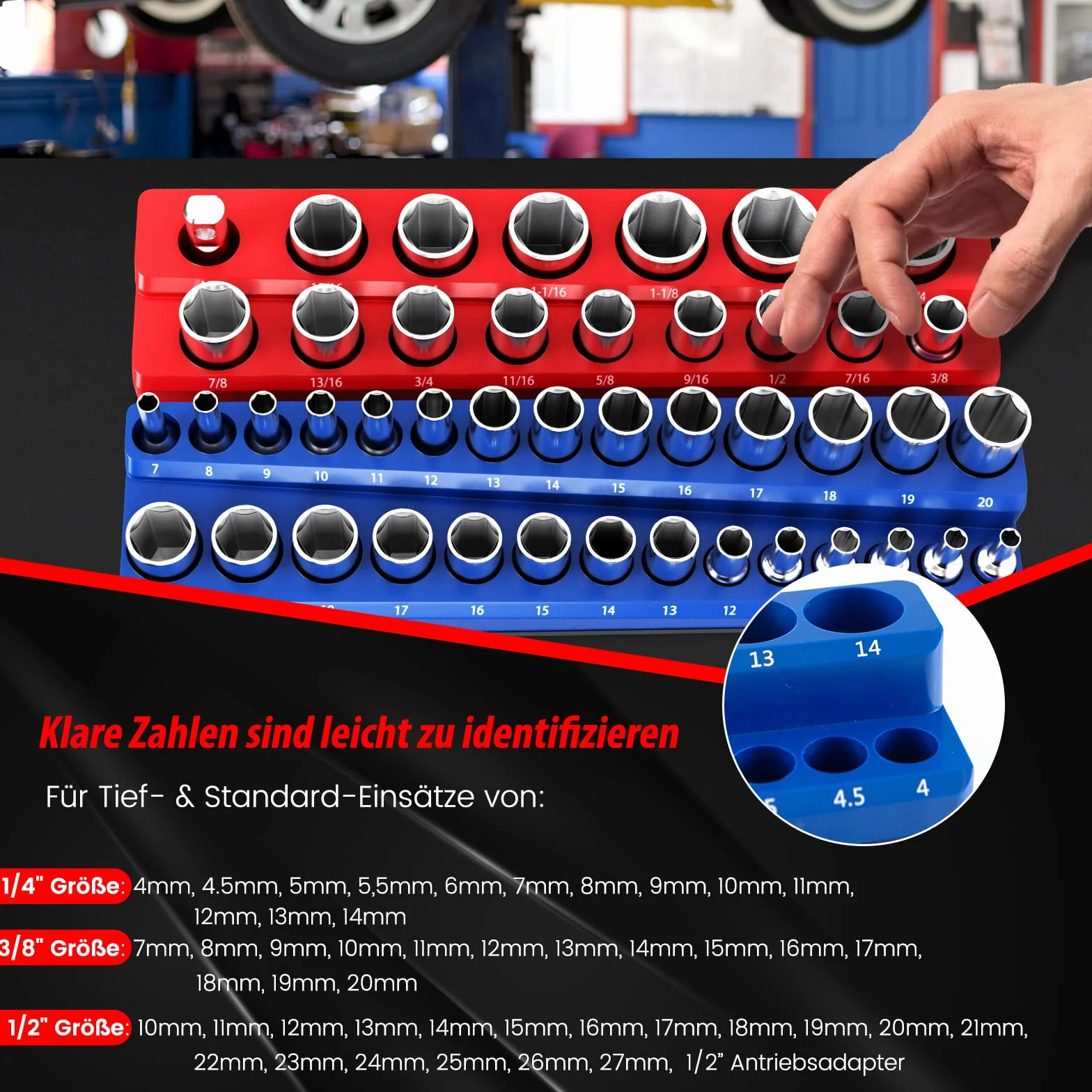 COSTWAY 6 szt. magnetyczny uchwyt na klucze nasadowe, 1/2", 3/8" i 1/4", szyna nasadzana do kluczy nasadowych, zestaw kluczy nasadowych uchwyt szyny, czerwony w calach (SAE), niebieski w mm (metryczny