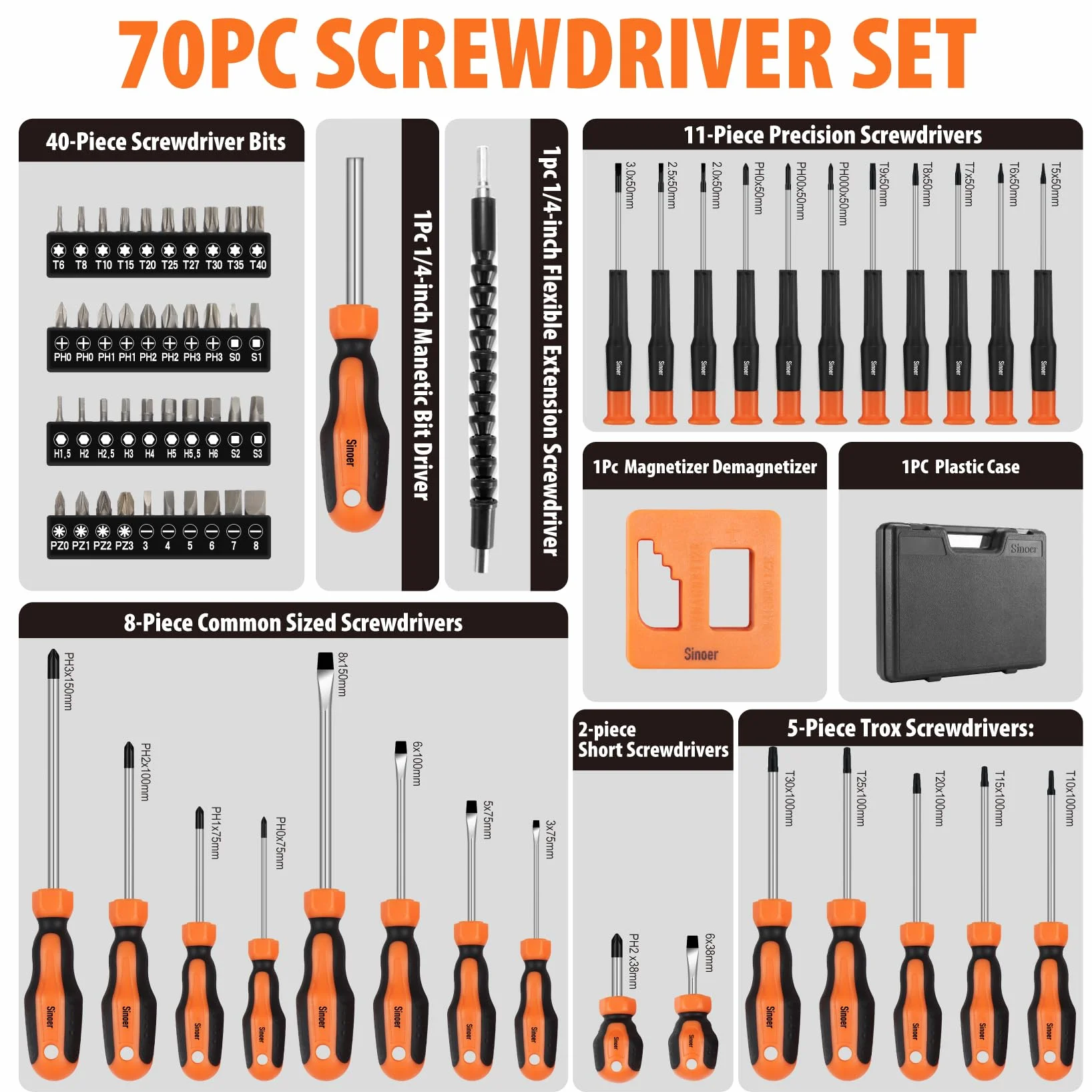 Sinoer 70-częściowy zestaw wkrętaków magnetycznych z etui, zawiera rowki, Phillips, Torx, sześciokątny, kwadratowy, Pozidriv i precyzyjny zestaw śrubokrętów, narzędzia prezenty dla mężczyzn
