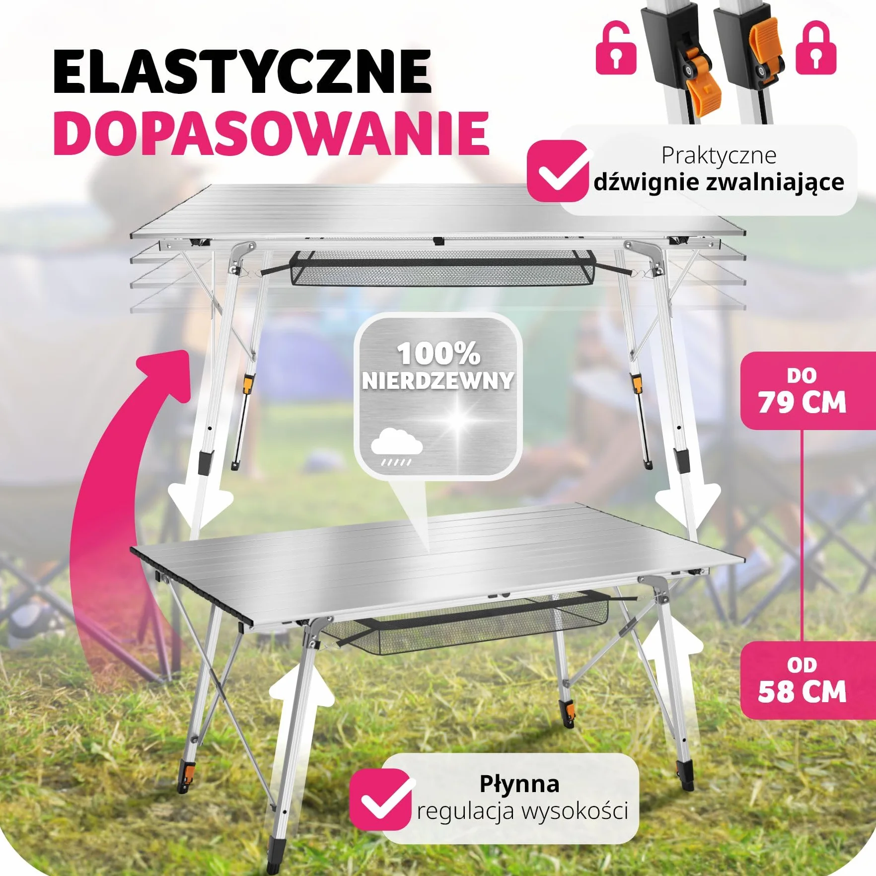 tectake® Składany Stół Kempingowy, Zwijany Blat XXL, Aluminiowa Konstrukcja, Regulacja Wysokości, Lekki, Odporny Na Pogodę, Siatkowa Półka, Torba Transportowa, Doskonały na Piknik (Szary)