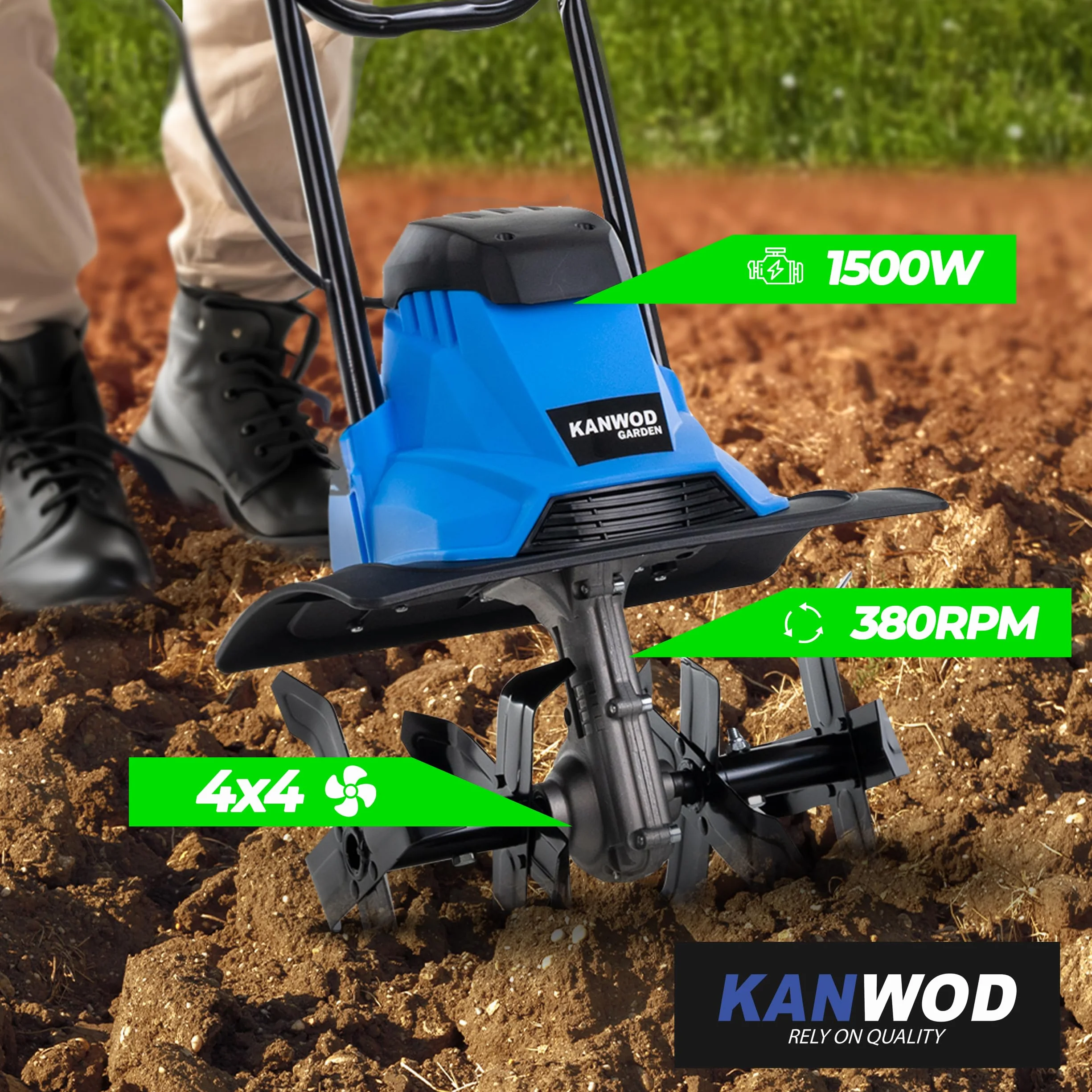 KANWOD Elektryczny motobinarka 1500 W 36 cm 22 cm składany uchwyt ostrza 4 ramiona czarny niebieski