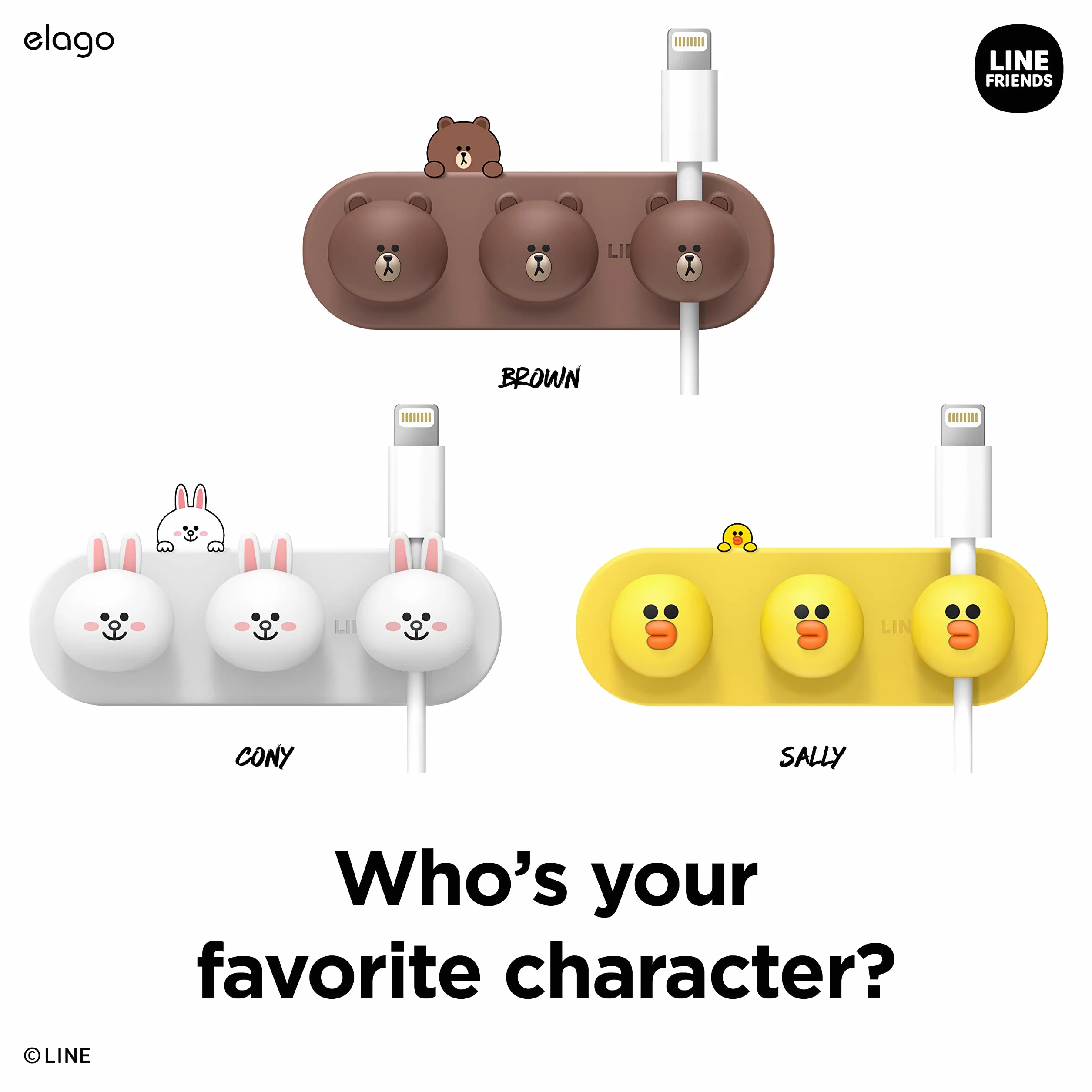 elago LINE Friends magnetyczne przypinki do porządkowania kabli, z miejscem na 3 kable, mocne magnesy, przylepne, wielokrotnego użytku, na biurko, Cony