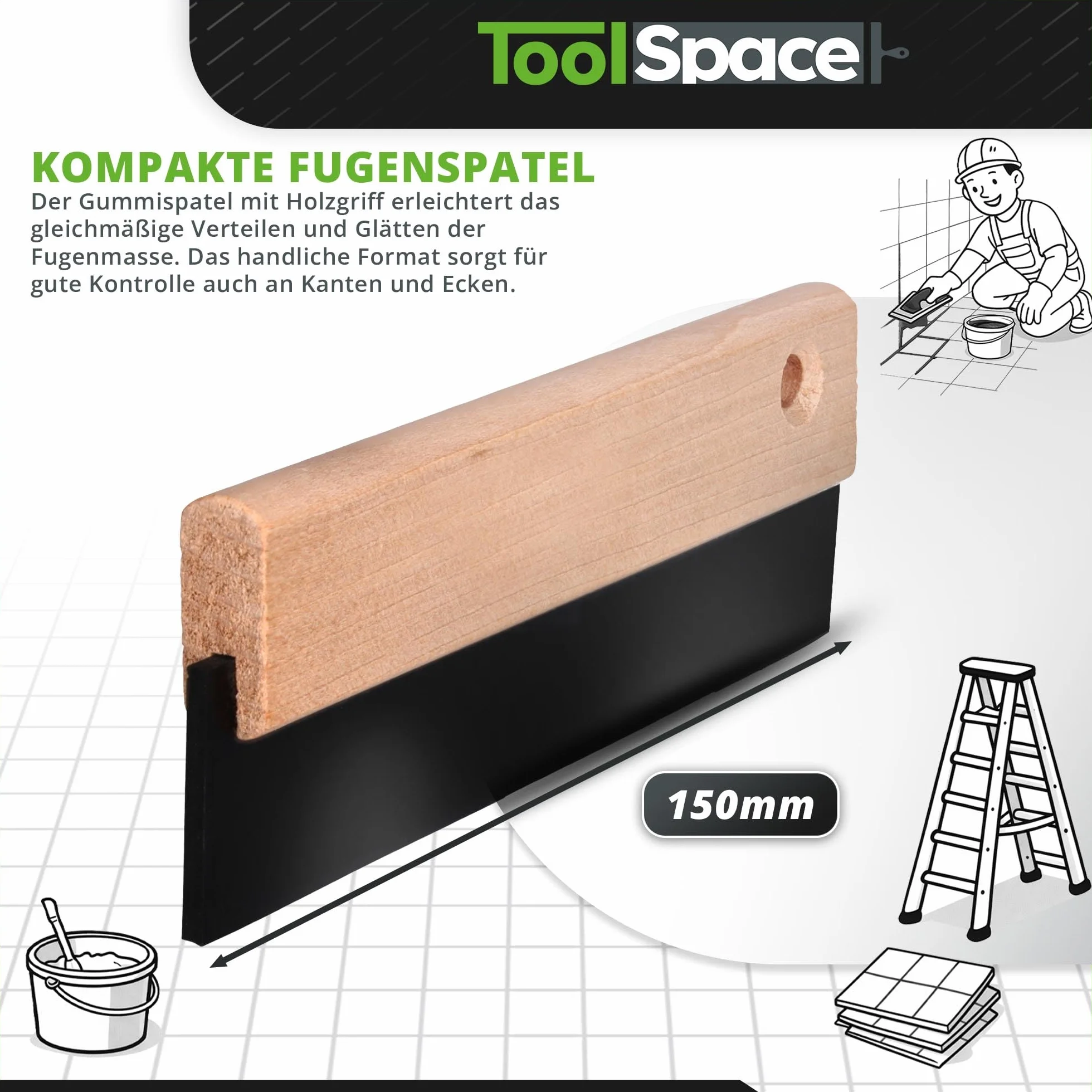 ToolSpace Fugownica - 15 cm - Fugówka, Gumowa Szpachelka do fugowania, do płytek - Narzędzie glazurnicze - Drewniany uchwyt, gumowa część robocza - Elastyczna i Trwała Guma - Precyzyjna Praca