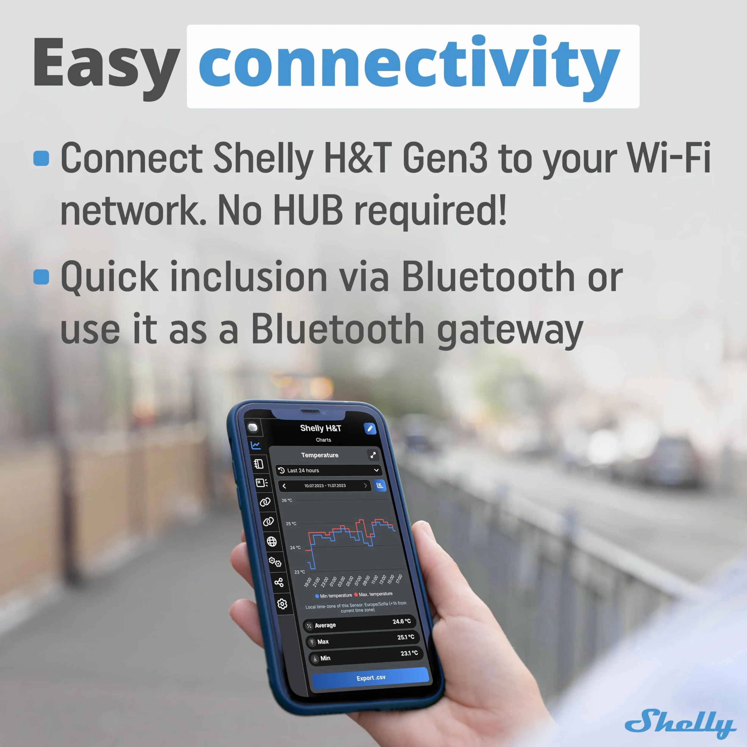 Shelly H&T Gen3 Mokka -Czujnik Temperatury,Wilgotności Wi-Fi,Bluetooth,Automatyka Domowa,Nie Jest Wymagany Żaden Koncentrator,Długi Czas Pracy Baterii,Możliwość Montażu Na Ścianie