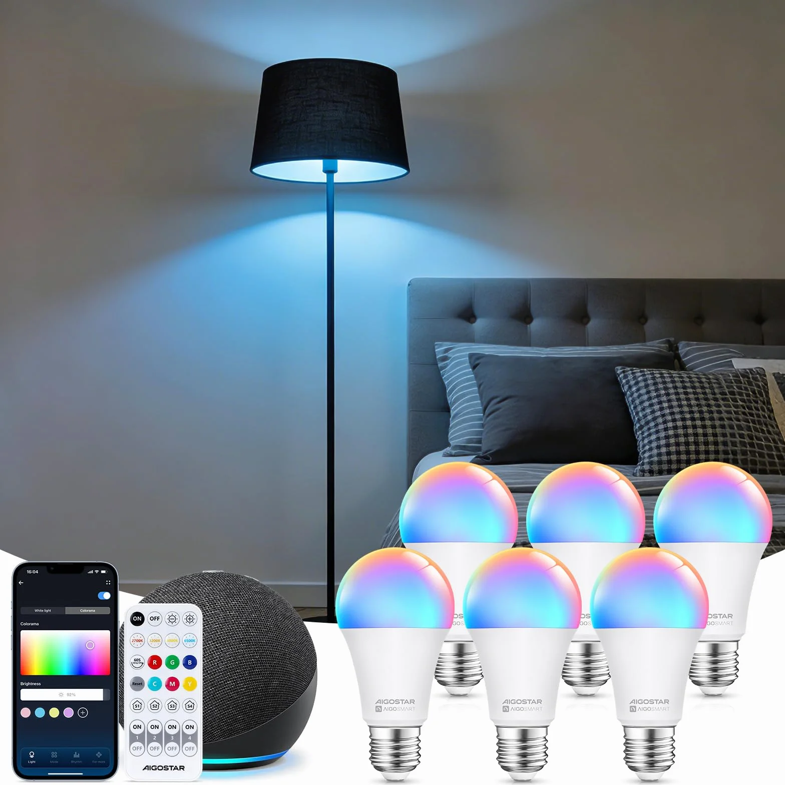 Aigostar - Inteligentna żarówka A60 Bluetooth Mesh. 2700–6500K, ściemnialna RGB. Gwint E27, 12 W, 1150 lm. Inteligentna żarówka LED kompatybilna z Alexą. W zestawie pilot zdalnego sterowania. 6 sztuk