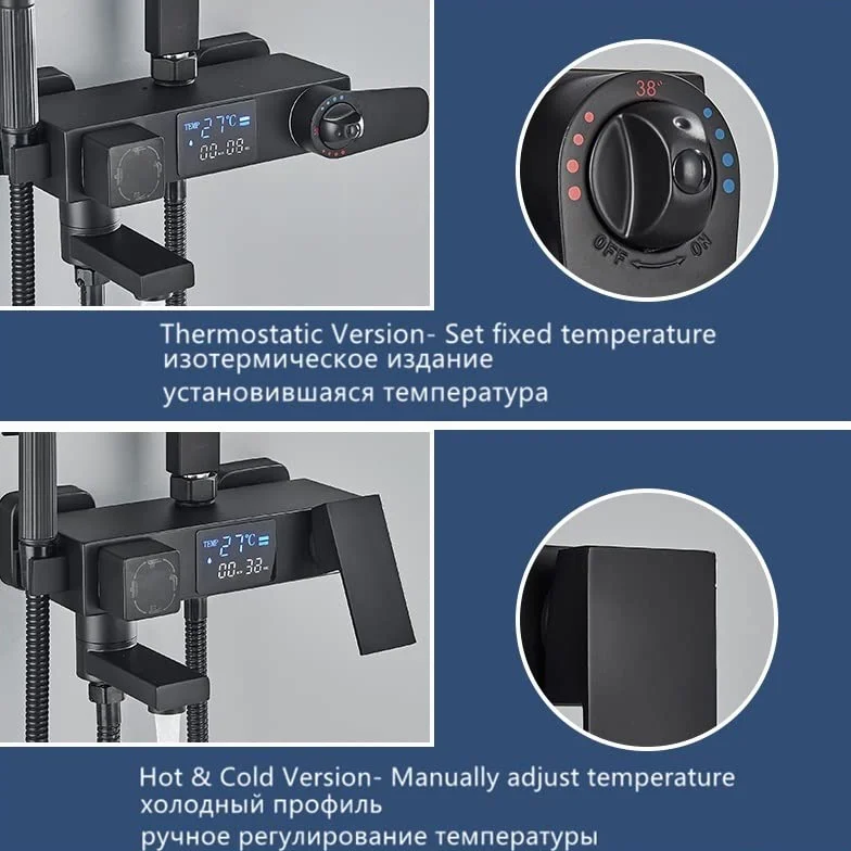 Czarny cyfrowy wyświetlacz termostatyczne baterie prysznicowe opady deszczu prysznic termostatyczny 4-kierunkowy mikser półka towarowa bateria do bidetu prysznic(Chrome Hot Cold 12in)