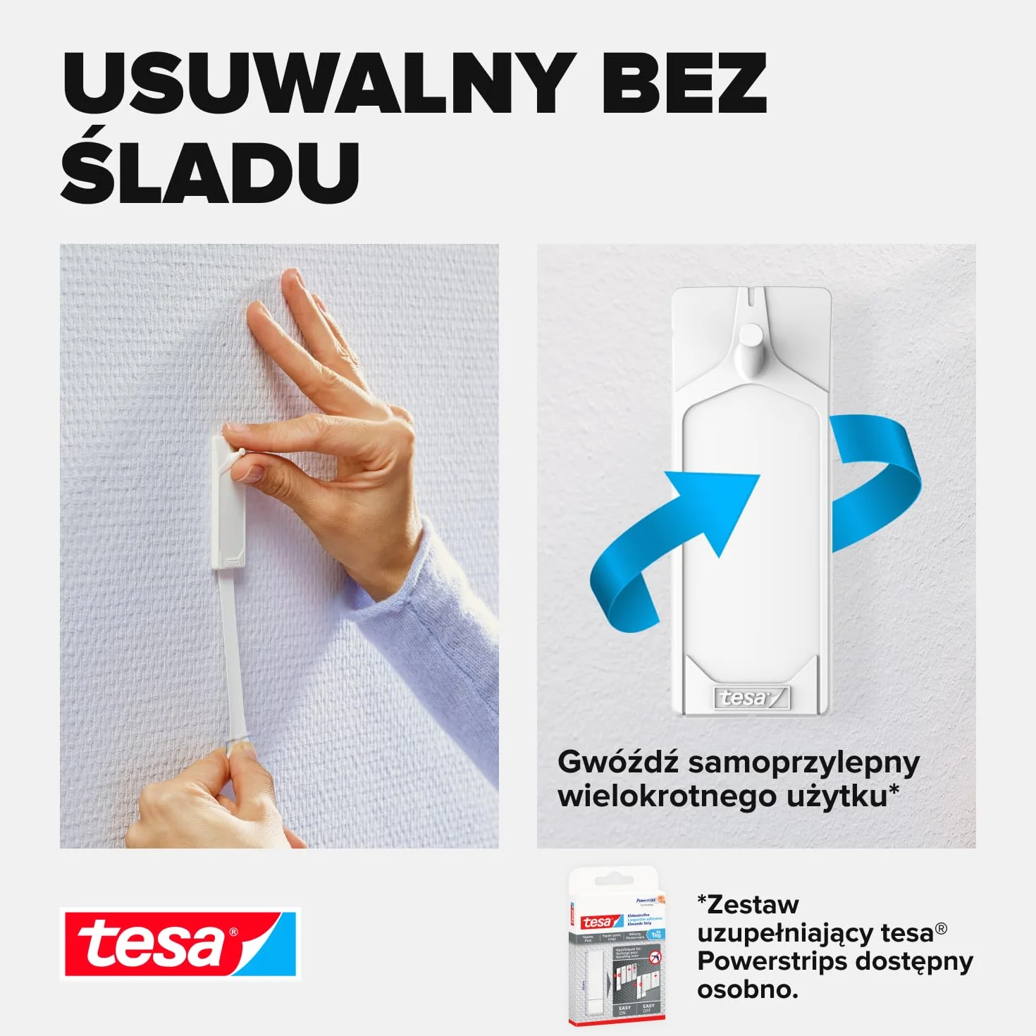 tesa Gwoździe samoprzylepne do tapet i tynku, 1 kg, 3 sztuki w opakowaniu – samoprzylepne paznokcie do delikatnych powierzchni – bez pozostawiania śladów – do 1 kg udźwigu na paznokieć – 3 x 2