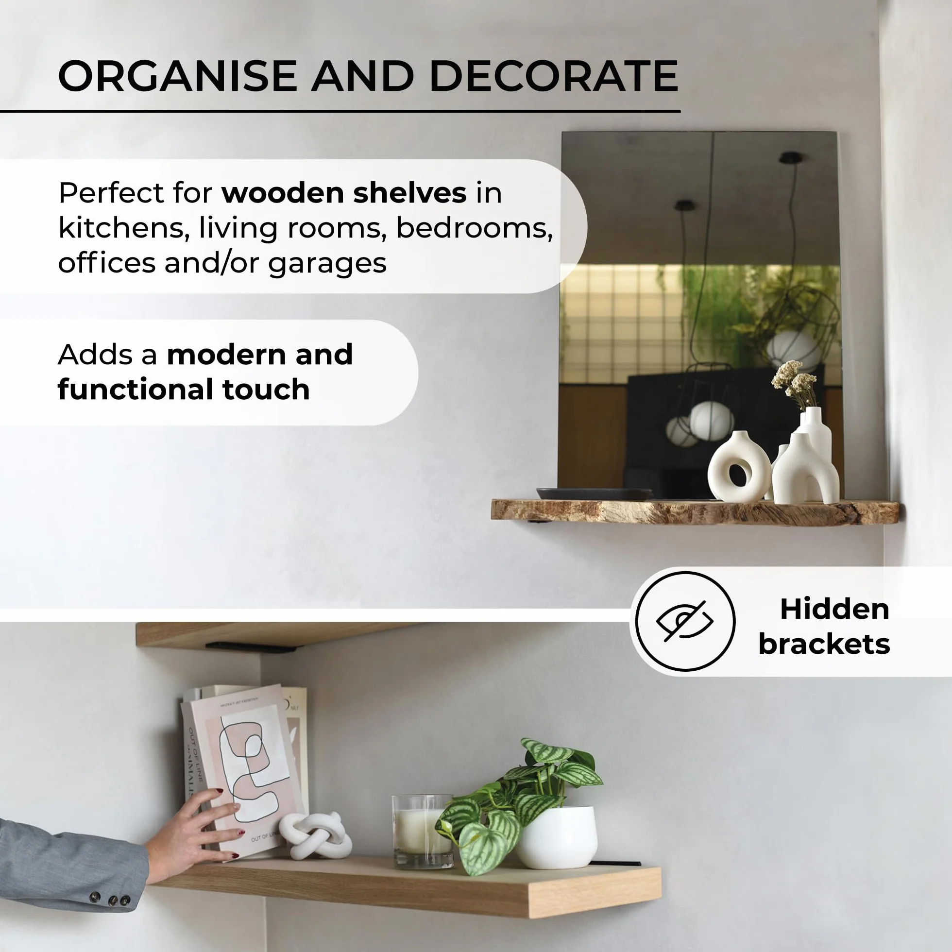 MILUKA Pack 6 Metal Brackets for Shelves 15 cm | Wall Shelf Brackets | Heavy Duty Steel, 70 kg | Black Industrial Design, Invisible Anchorage and Easy Installation