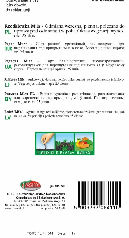 Nasiona rzodkiewki Raphanus sativus Mila 5 g – wczesna, łagodny smak, ekologiczna